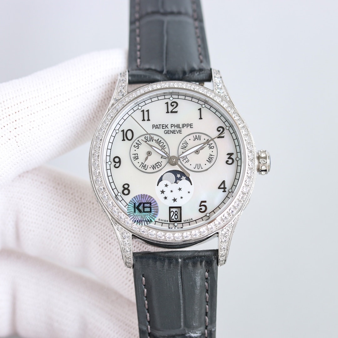 Fake Diamond Watch Patek Philippe Replica Complications Annual Calendar Moon Phases White Gold White Mother of Pearl Dial 38mm Diamond Bezel 4948G-010(1:1 replica) - Top club
