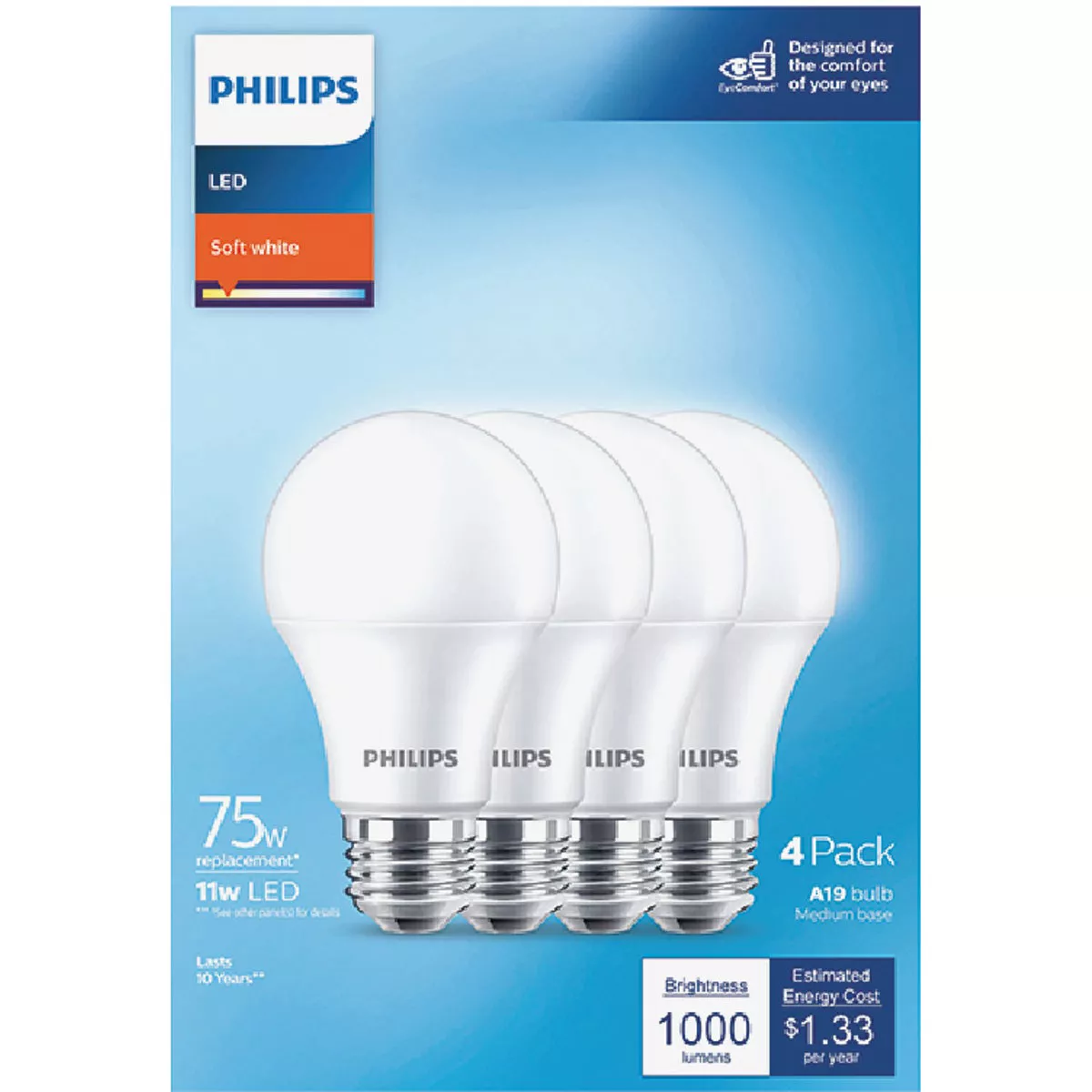 Philips EyeComfort 75W Equivalent Soft White A19 Medium LED Light Bulb (4-Pack)