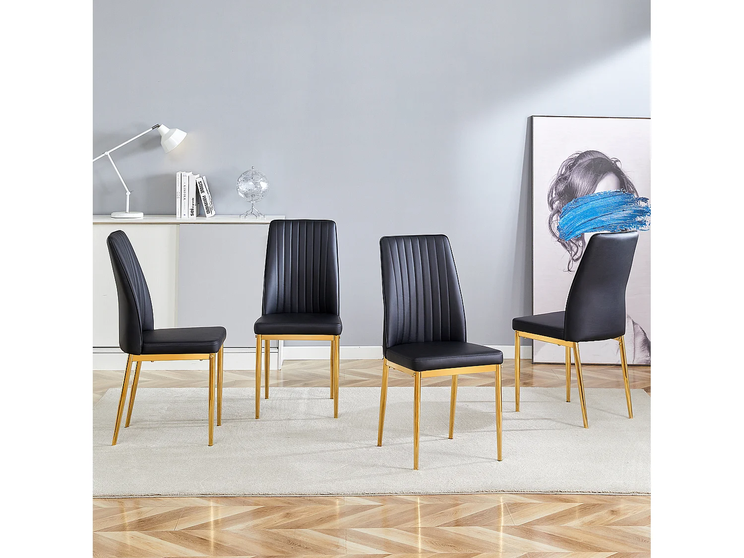 Lot de 4 chaises simili cuir PU noir- Pieds métal doré - Motif à rayures verticales