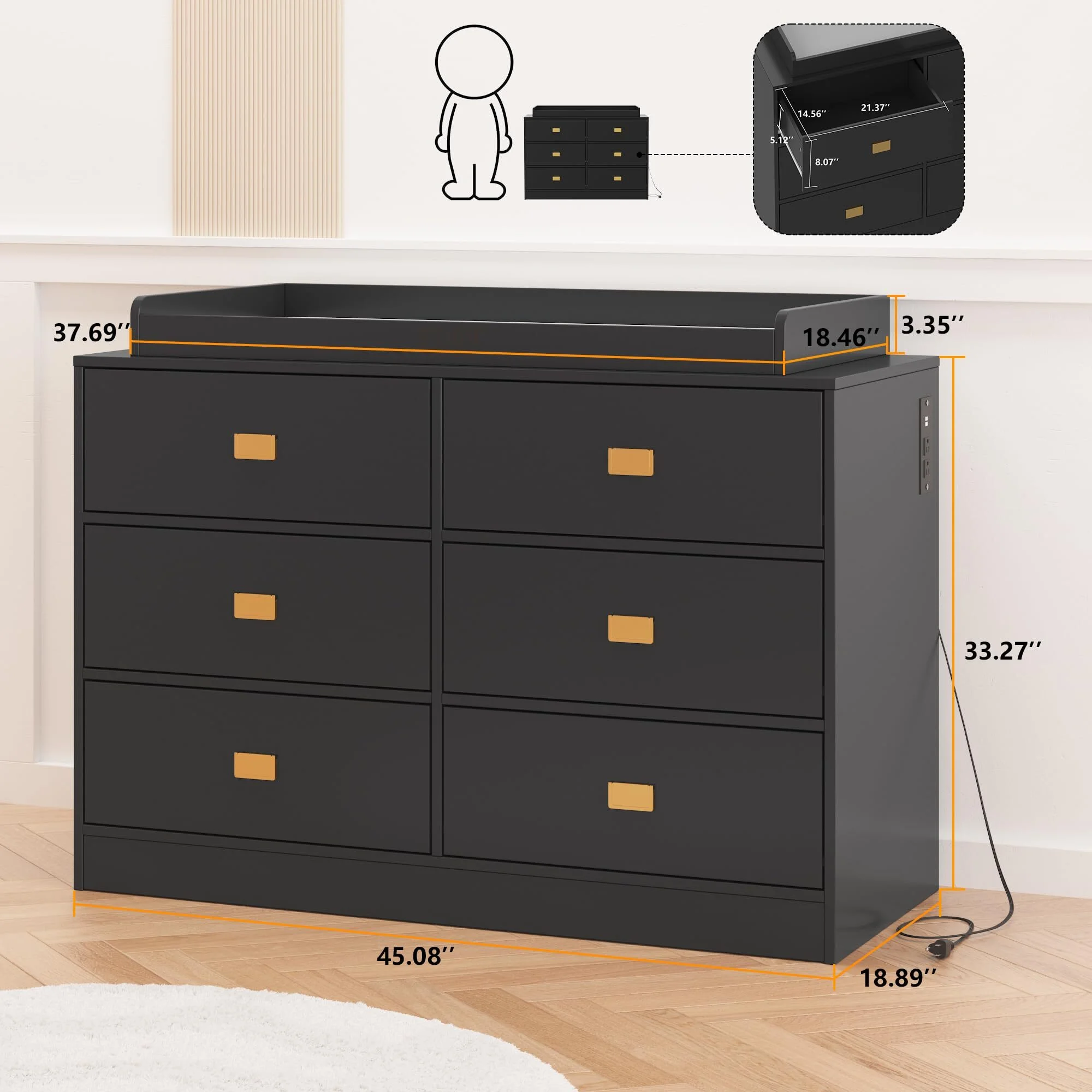 NEILA Changing Table Dresser with 6 Drawers and Power Outlets - Nursery Storage Organizer with Removable Changing Pad
