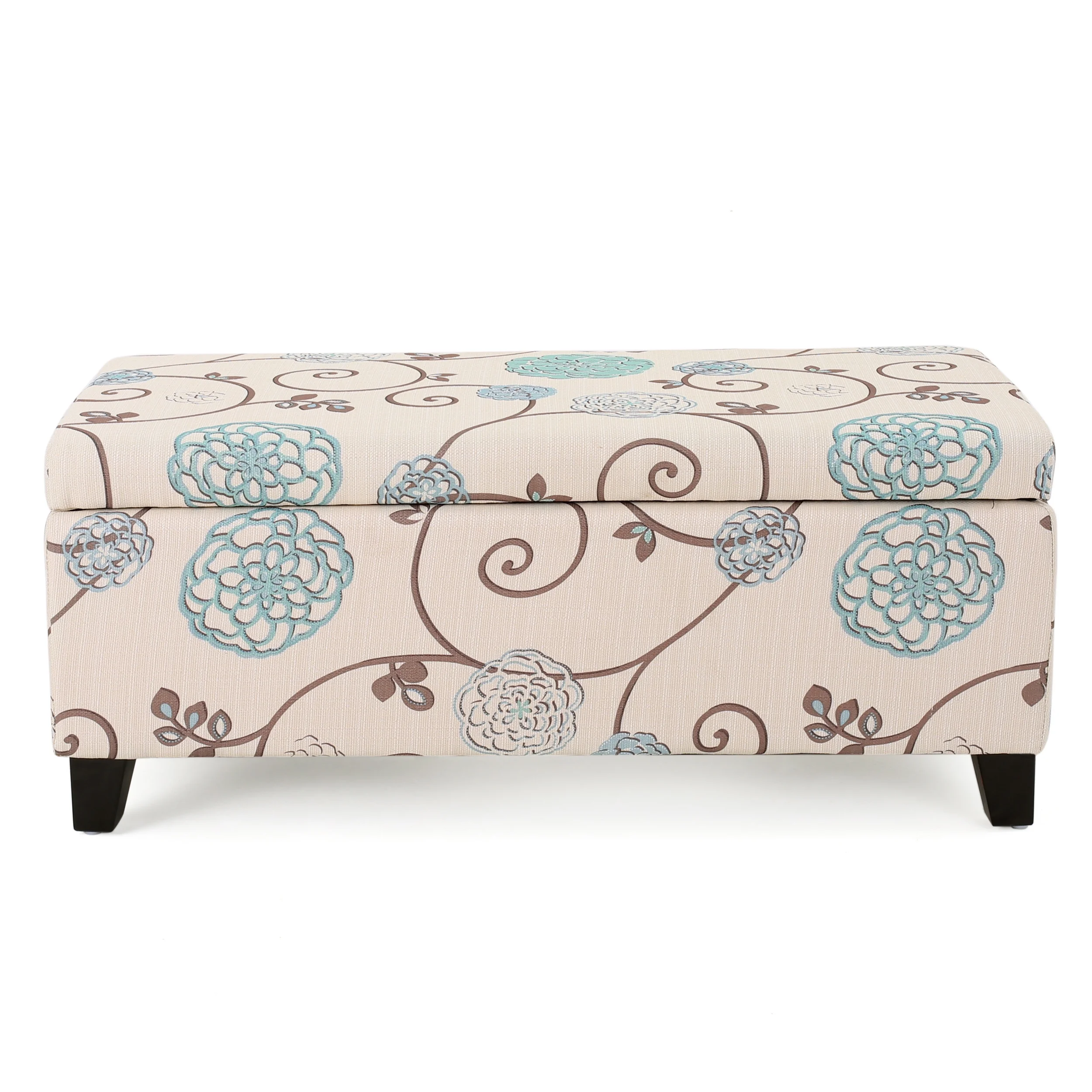 Noble House Hampton Contemporary Fabric Upholstered Storage Ottoman, White and Blue Floral - Image 12