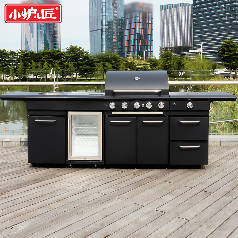 High-End Portable Folding Metal Rack Modern Refrigerator Sink Cabinet with Propane BBQ Grill for Villa Courtyard Garden Parties