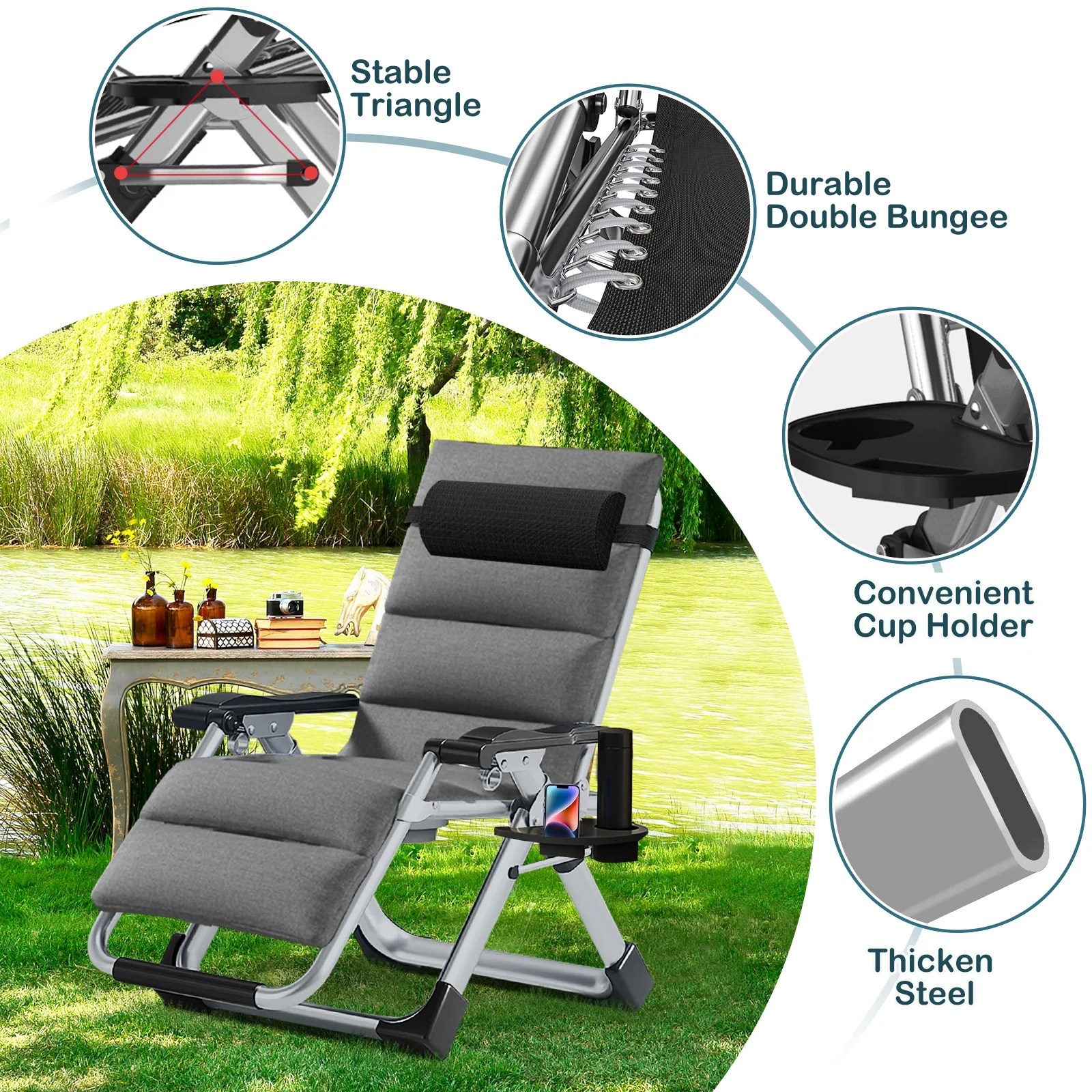 NAIZEA Zero Gravity Chair with Removable Cushion and Cup Holder Black - Image 52