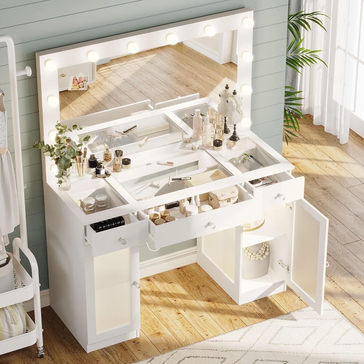 ABOVOBA Vanity Desk with Mirror and Lights,3 Drawers and Power Outlet Makeup Vanity for Women,White - Image 5