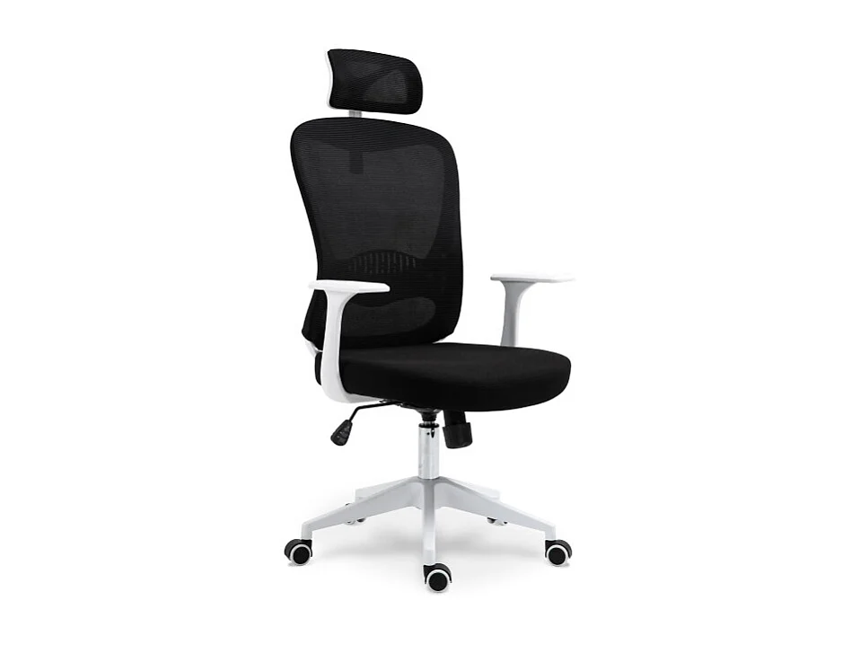 Chaise de bureau ergonomique noire et blanche avec appuie-tête, dossier respirant et hauteur réglable