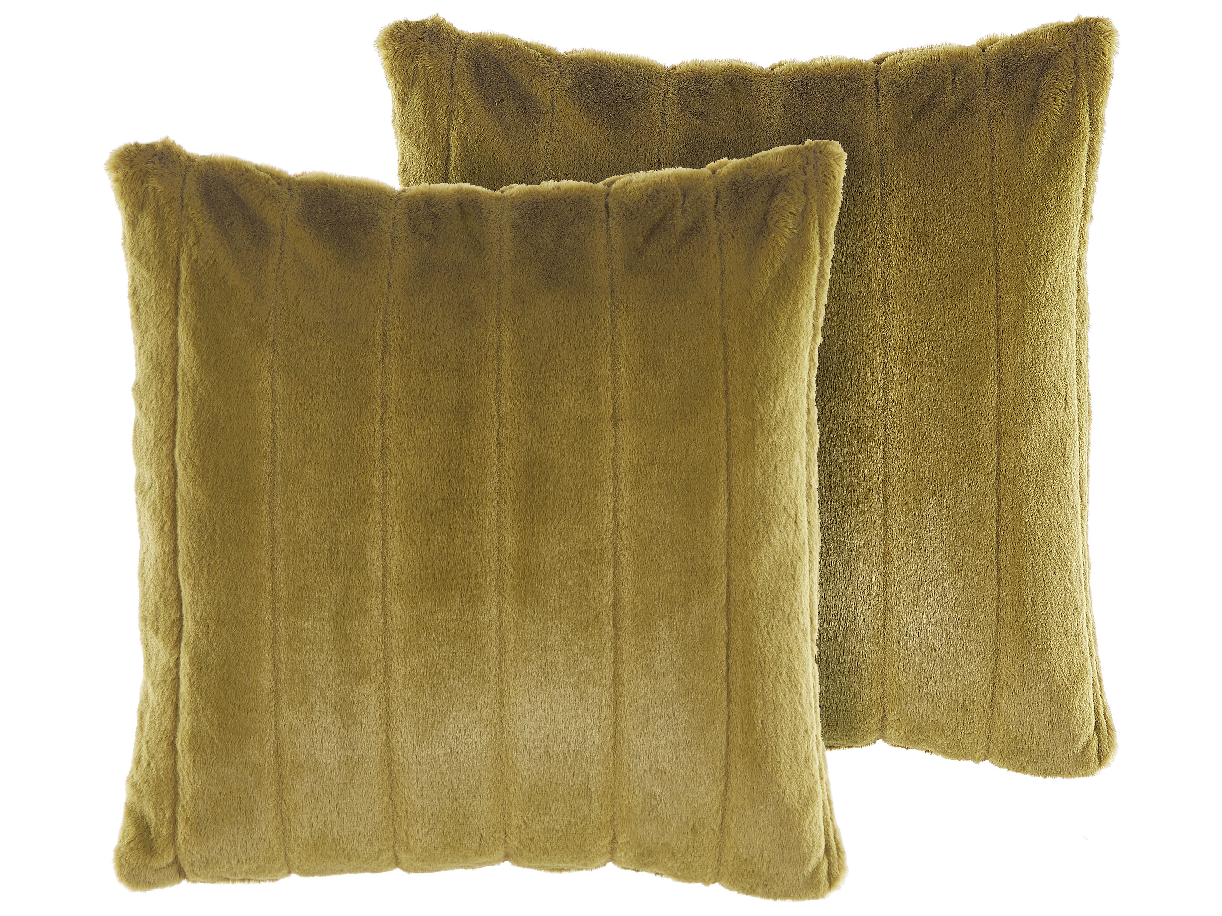 Set of 2 Decorative Cushions PUMILA Faux Fur 45 x 45 cm Olive Green Striped