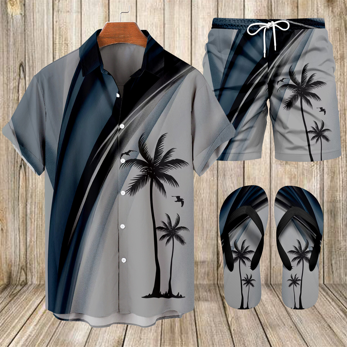 Suitmens Men's Tiki Party Hawaiian Vacation Print Three-Piece Set 019