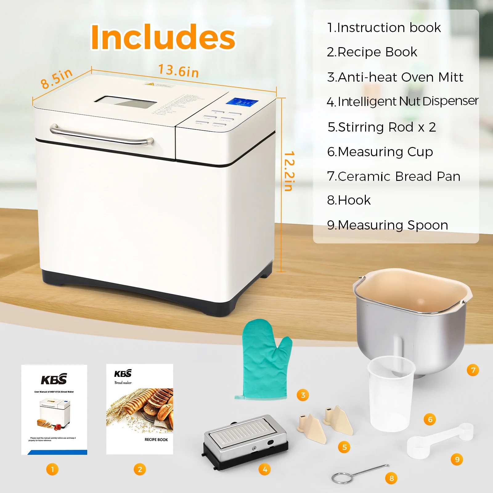 KBS 19-in-1 2LB Bread Maker Machine with Dual Heaters& Auto Nut Dispenser,Ceramic Pan with 2 kneading paddle,15 Hour delay timer&1 hour keep warm Model#013A - Image 3