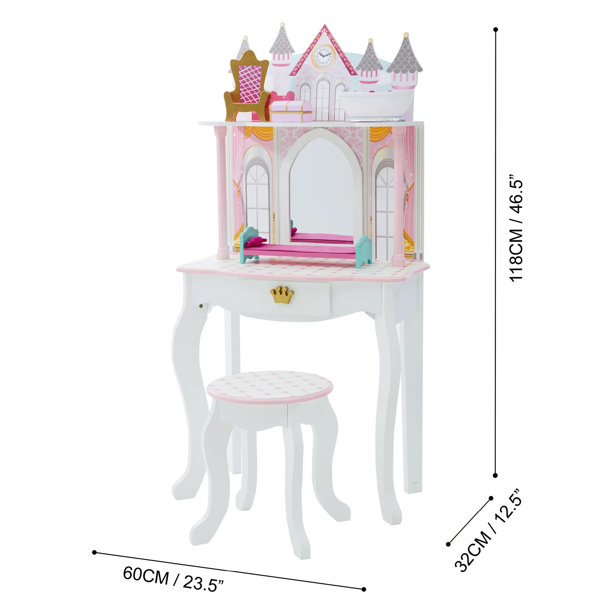 Fantasy Fields Kids Vanity Table and Stool Set with Castle Design, Pink
