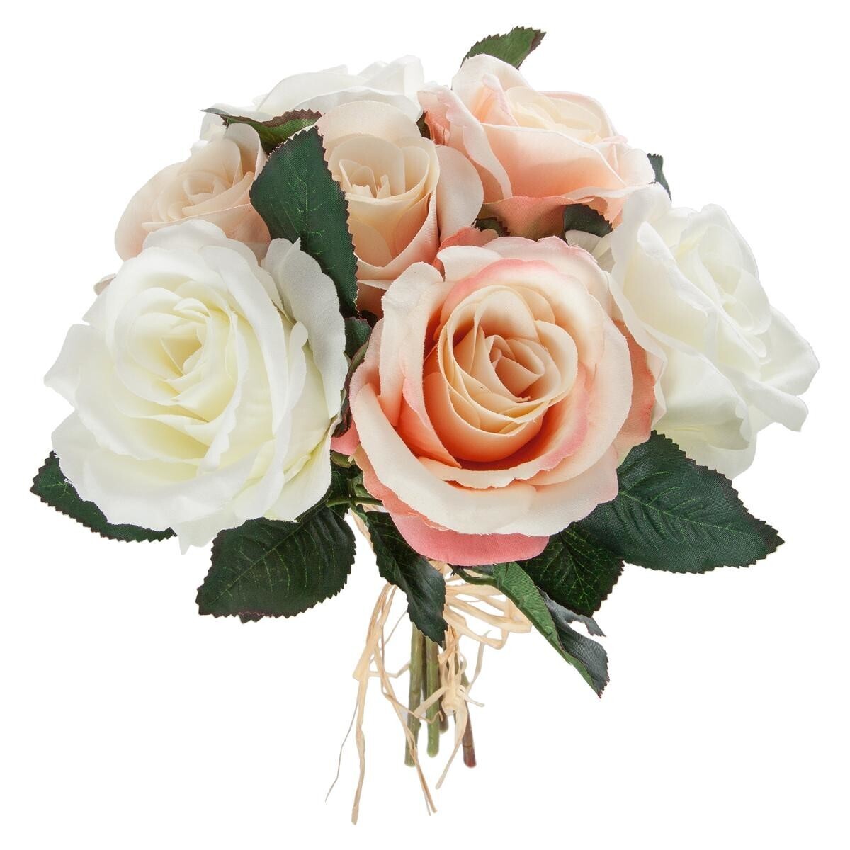 Bouquet 7 artificial aged roses White and pink, H.30 cm