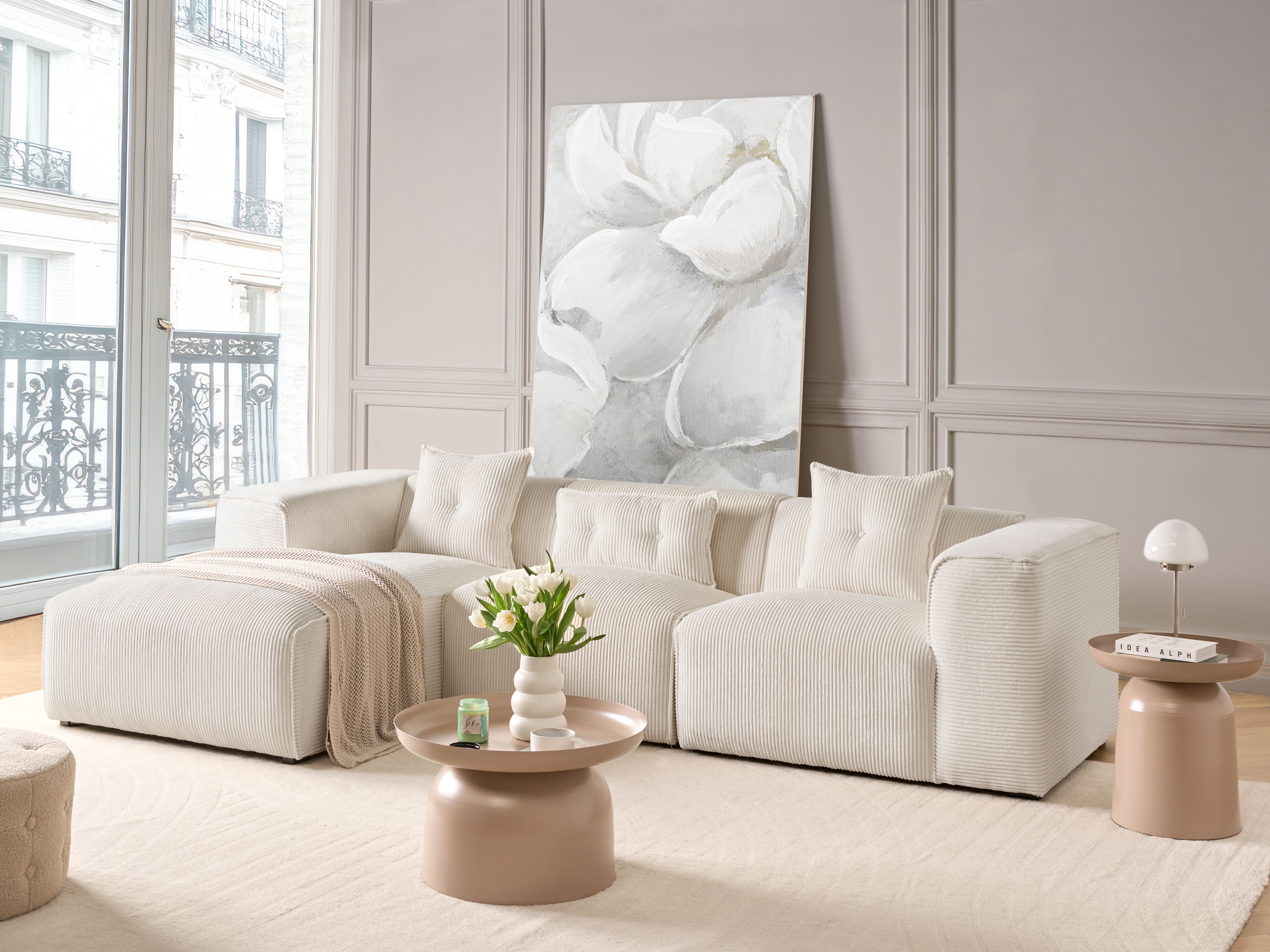 Corner Sofa 3 Seater DOLVA Corduroy Off-White Right Hand