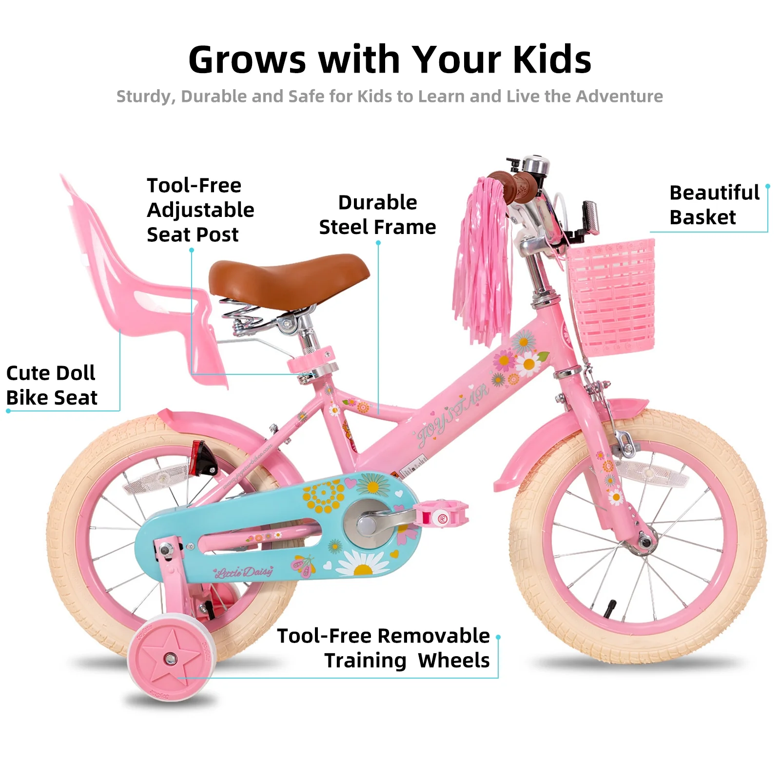 JOYSTAR Little Daisy 14 Inch Kids Bike for 3 4 5 Years Girls with Handbrake Children Princess Bicycle with Training Wheels Basket Streamer Toddler Cycle Bikes Blue - Image 11