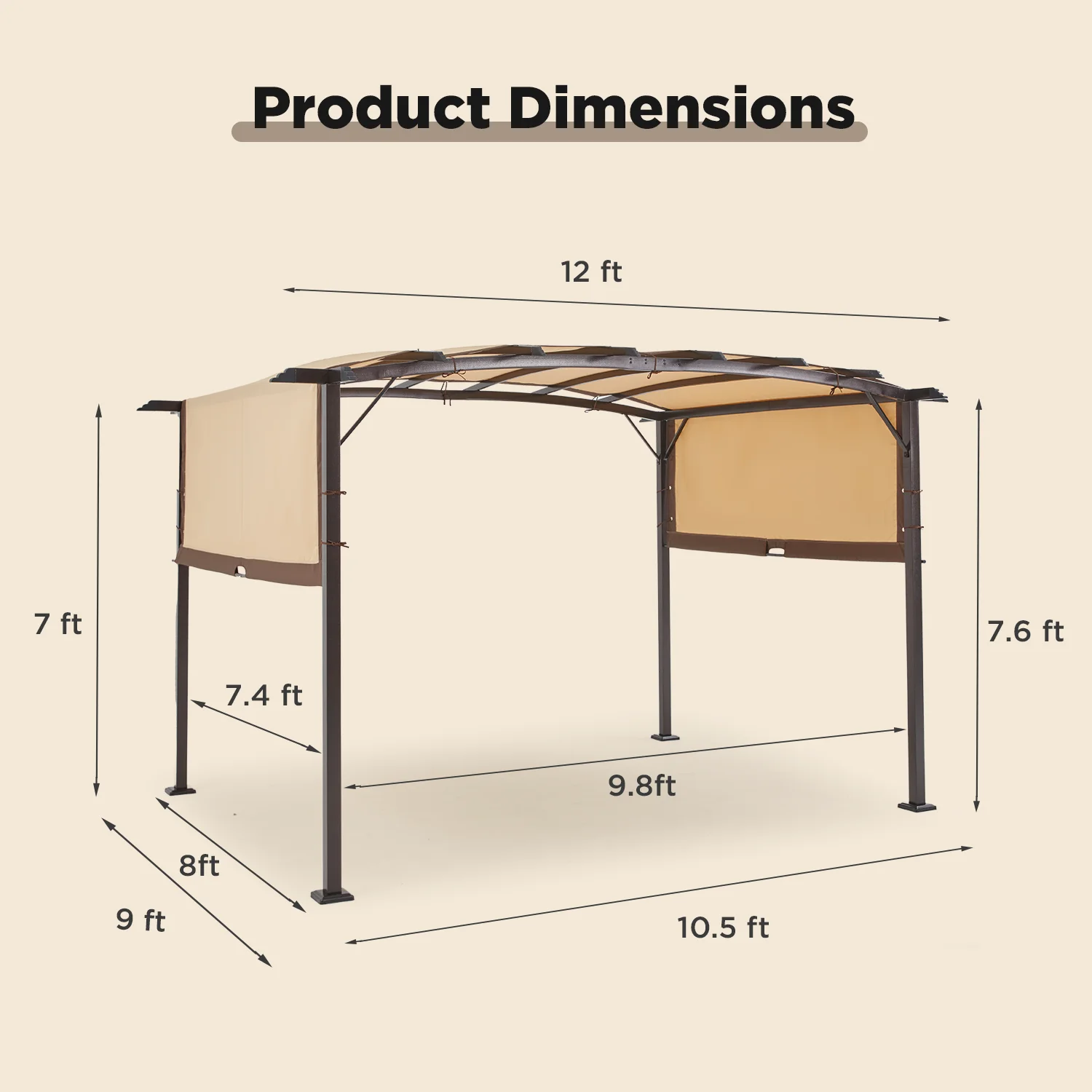 AECOJOY 12�?X 9�?Outdoor Retractable Steel Pergola Canopy with Adjustable Shade-Beige - Image 5