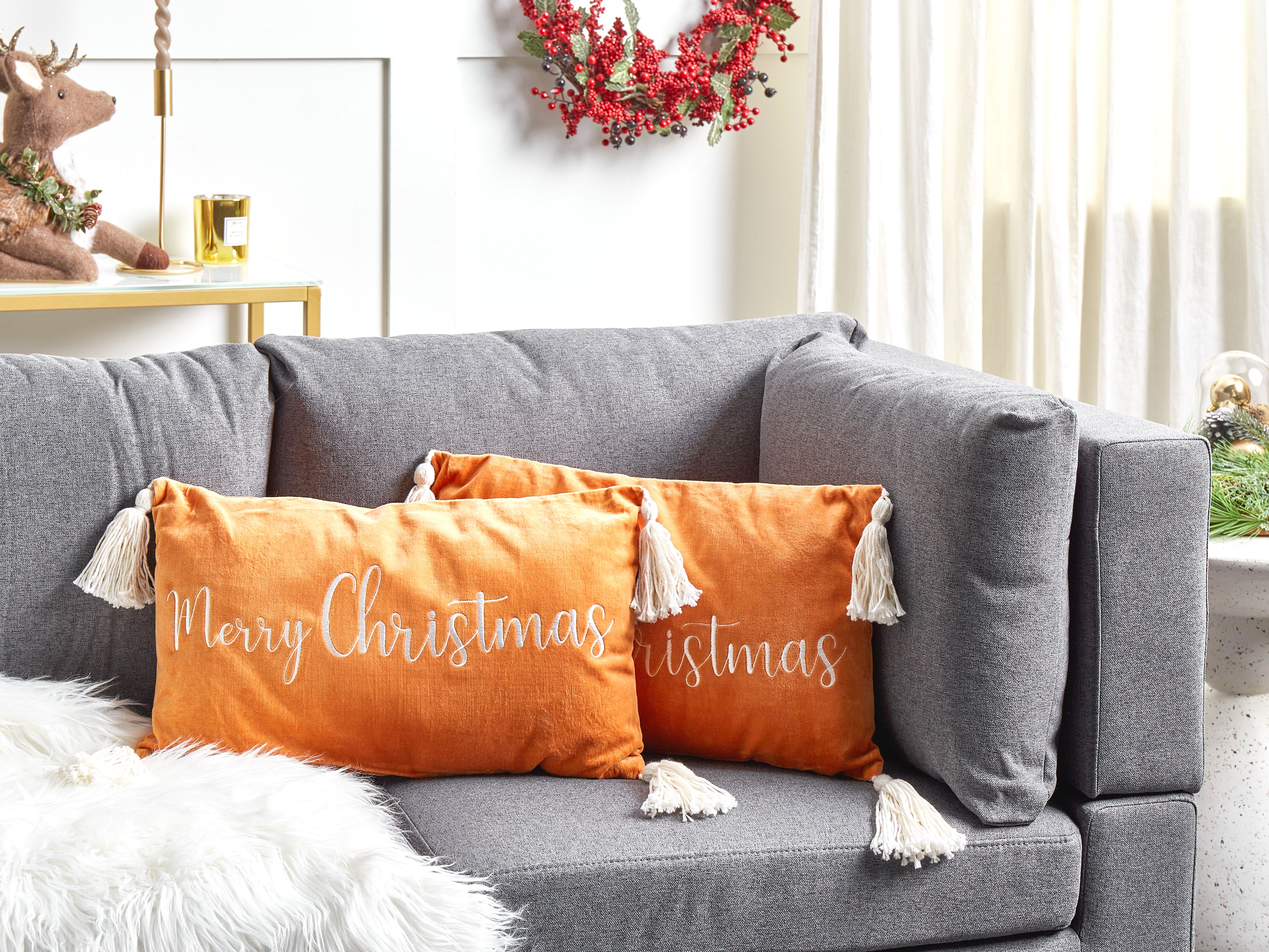 Set of 2 Decorative Cushions LITHOPS Velvet 30 x 50 cm Orange Christmas Motif
