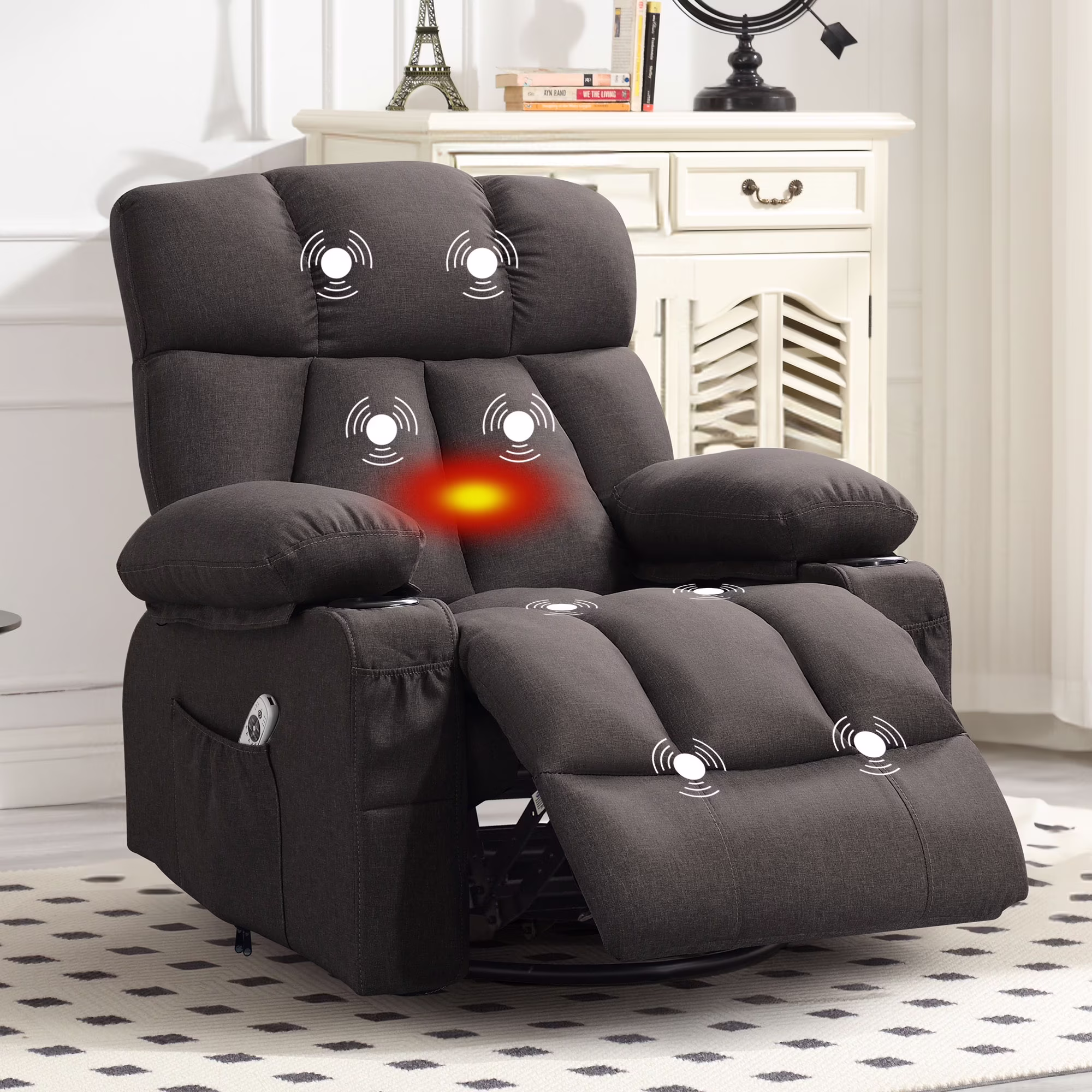 JONPONY Manual Recliner Chair with Heat Therapy and Massage Function, Heavy Duty Reclining Mechanism Massage Chair, Elderly Single Rocker Sofa with Cup Holders for Bedroom Home Theater,Grey - Image 13