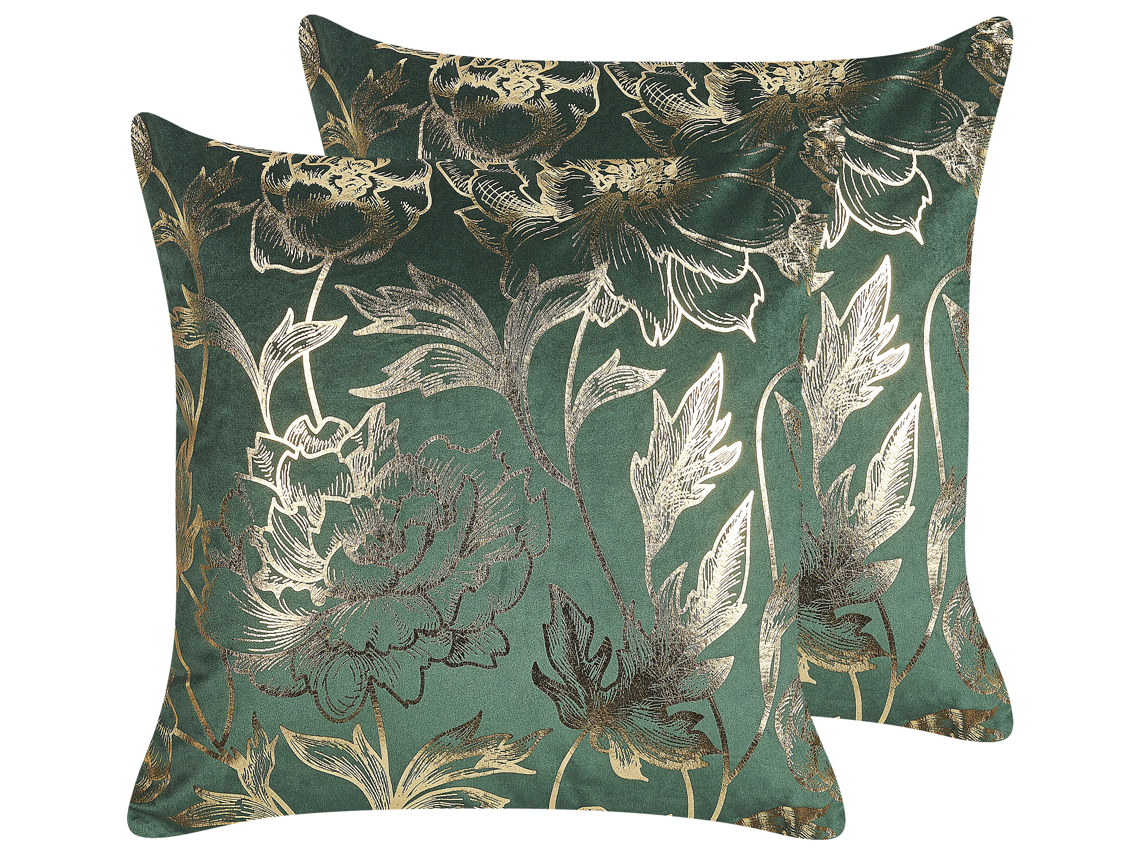 Set of 2 Decorative Cushions DAFFODIL Velvet 45 x 45 cm Emerald Green Floral Pattern