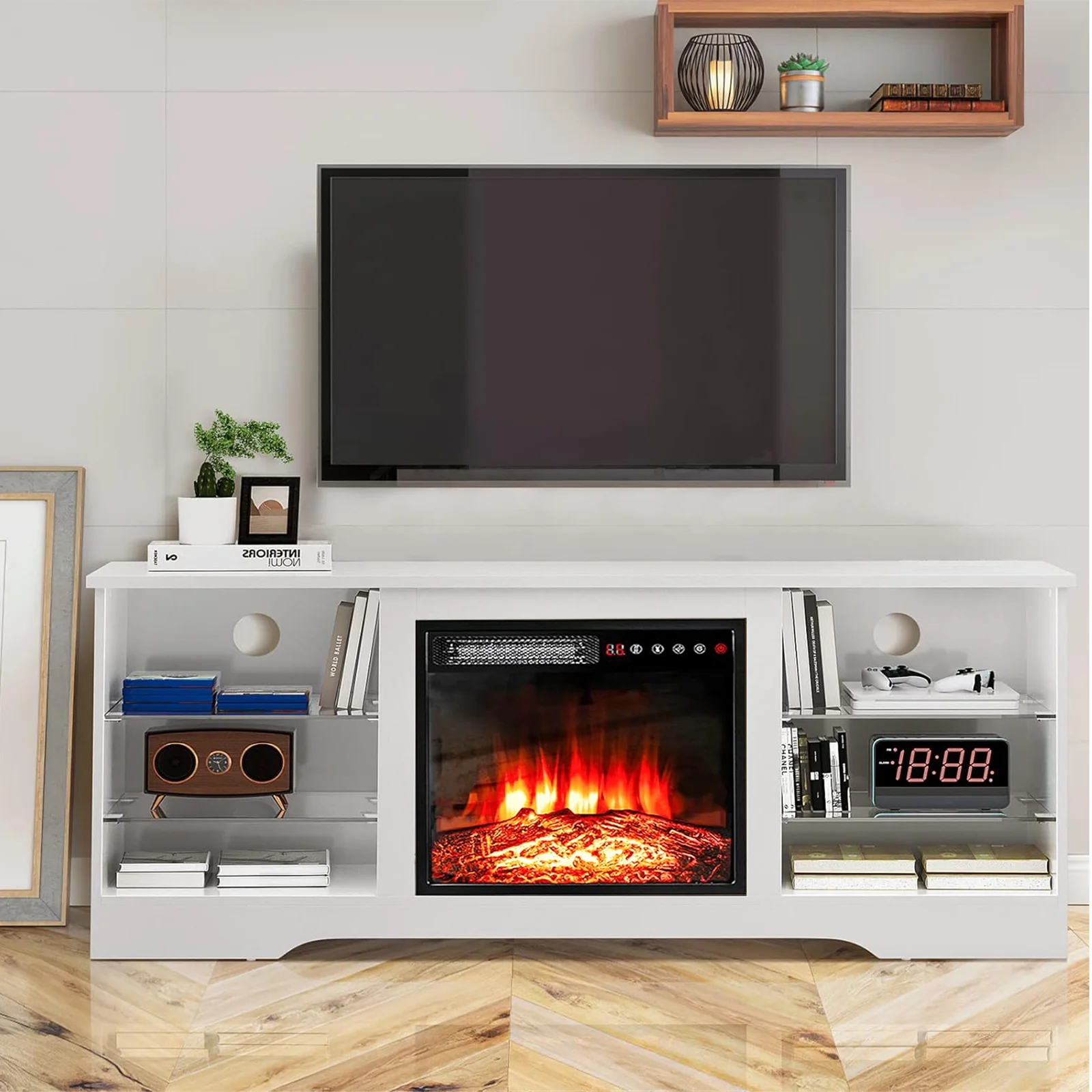 Waleaf Fireplace TV Stand with 18'' Fireplace for TVs up to 65 inch, Two Adjustable Glass Shelves