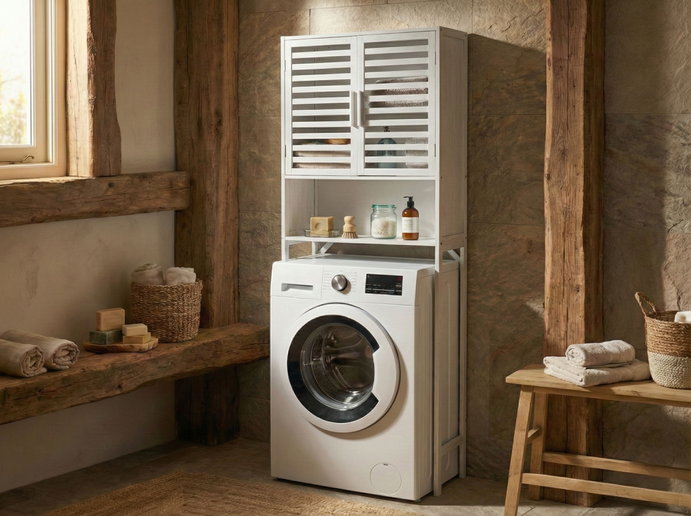 Bathroom Cabinet OKARCHE Bamboo 63 cm White