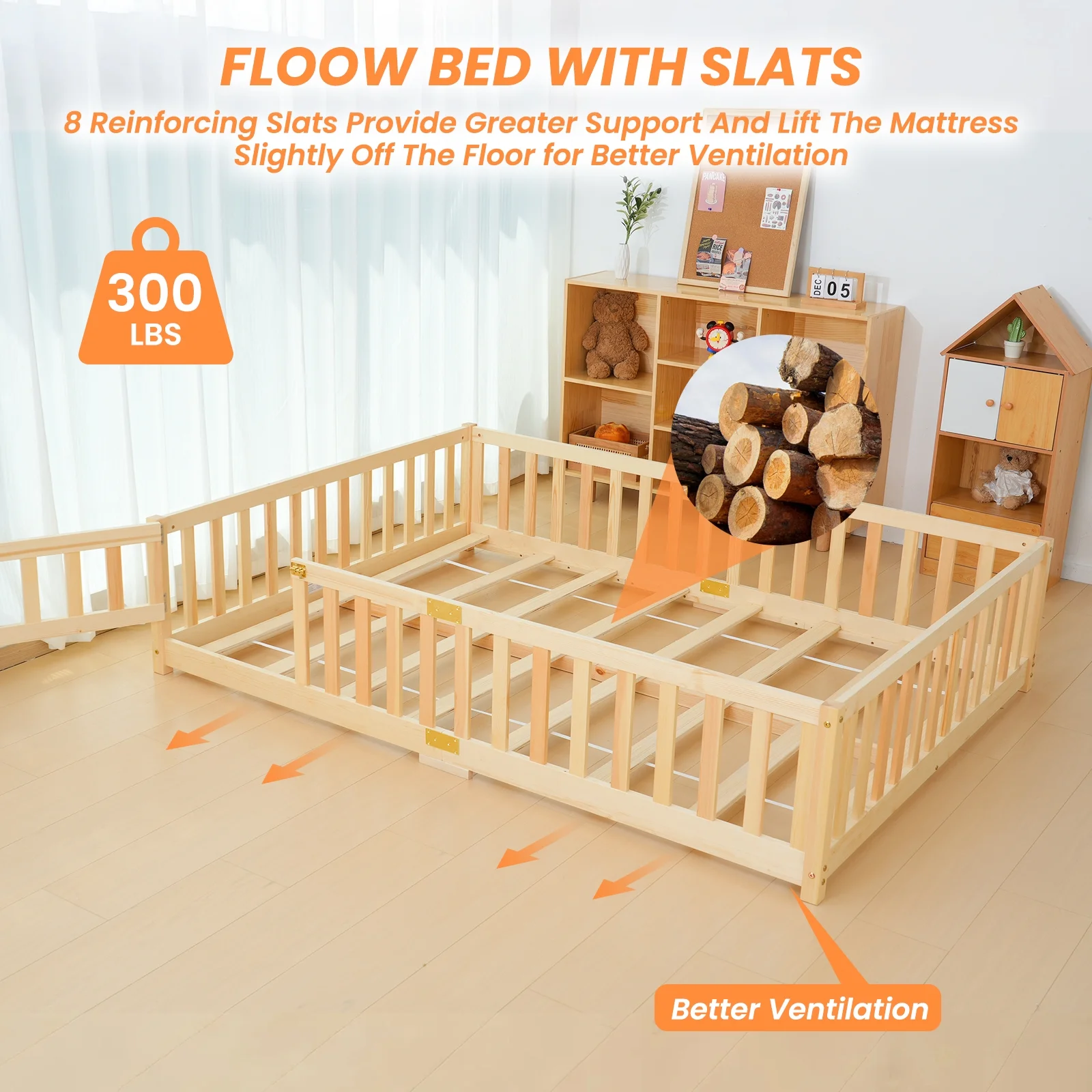 Slsy Twin Size Toddler Floor Bed, Solid Wood Montessori Bed Frame with Fence & Door Montessori Floor Bed Crib with Safety Guardrails for Girls and Boys - Image 26