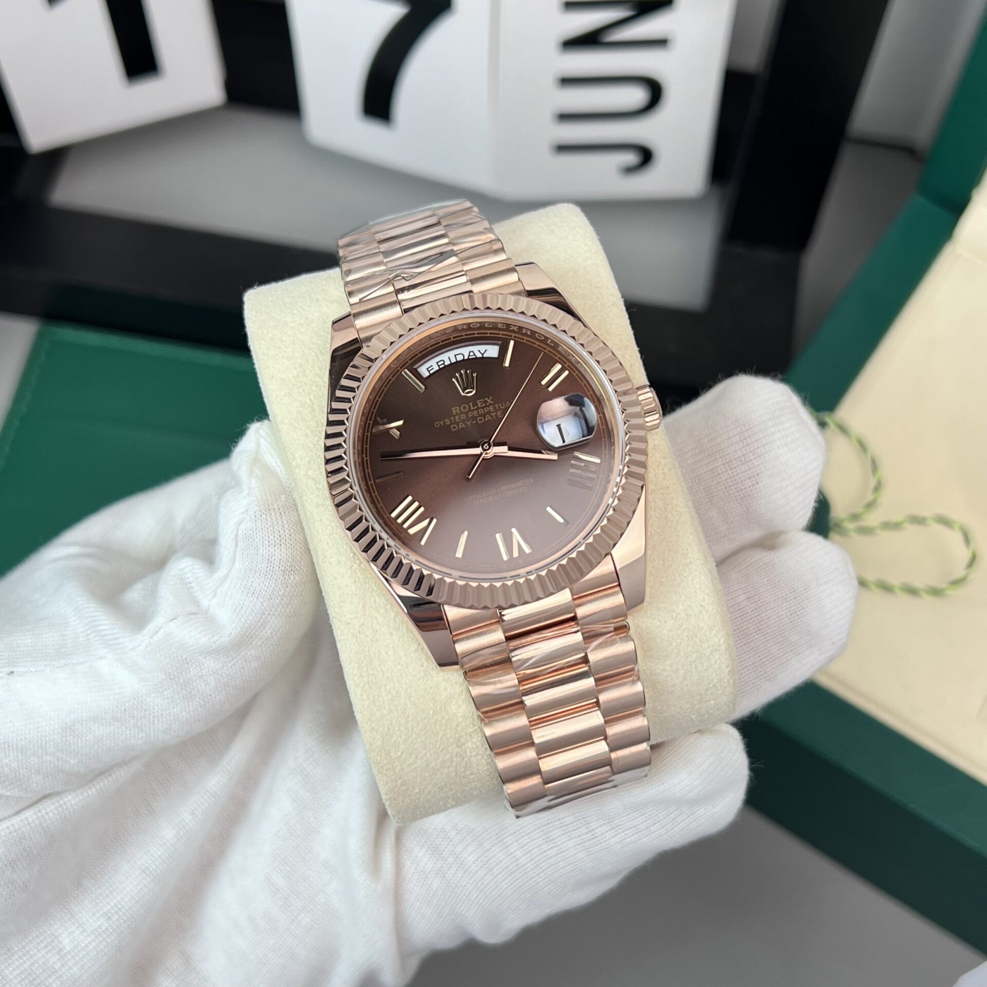 Rolex Day-Date 18K Gold Wrapped Replica Watch Chocolate Dial GM V2 40mm - Elite Watch Atelier