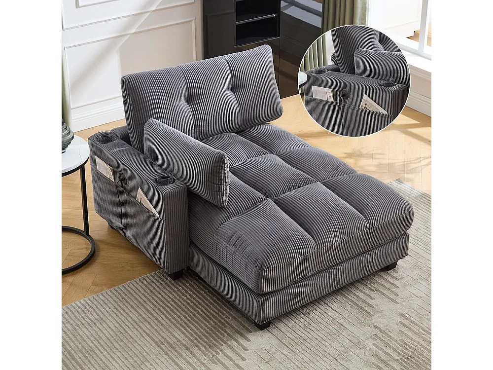 Fauteuil en palmier avec coussins moelleux à rayures accoudoirs avec coussins roulants rabats pour la tête trois porte gobelets et poche latérale couleur gris