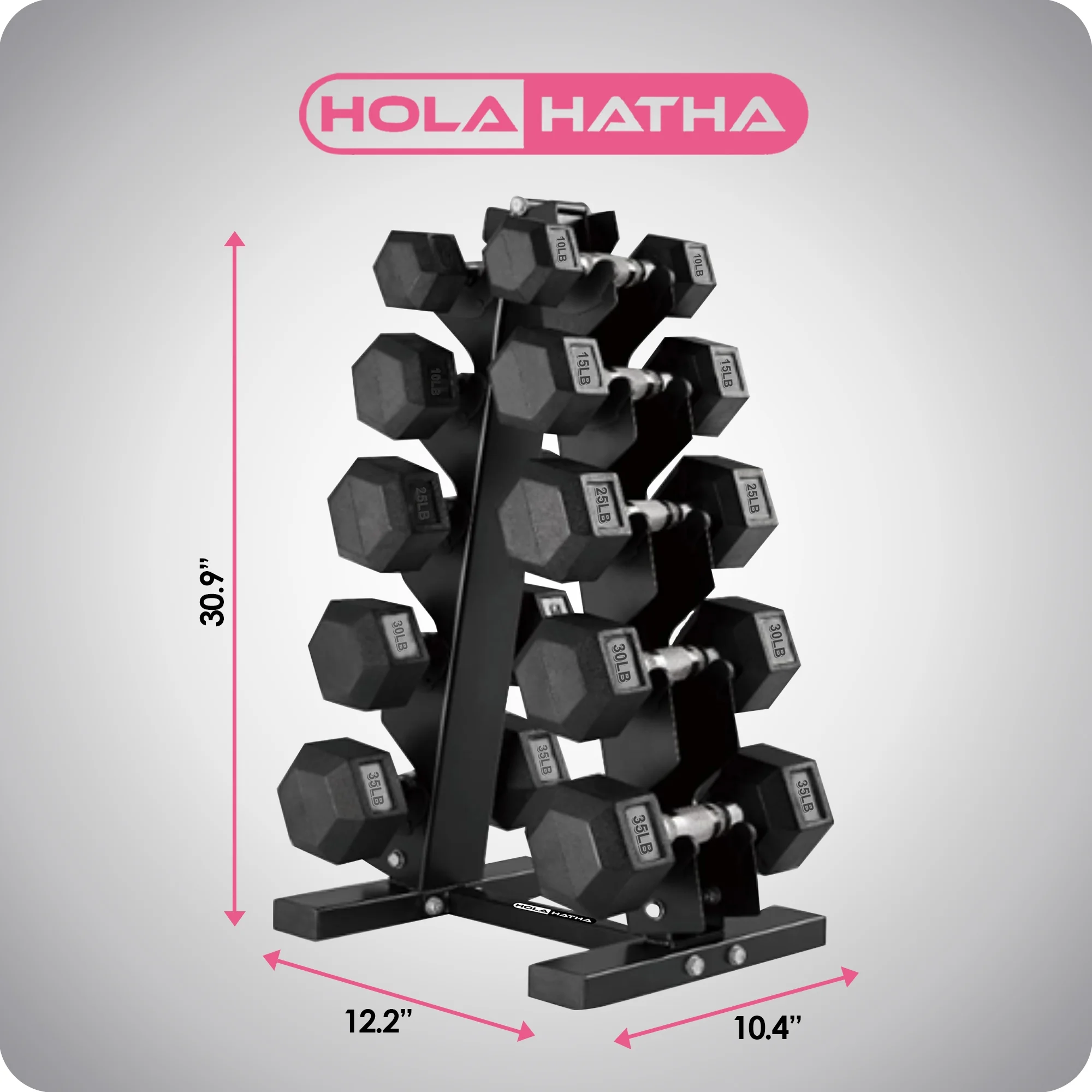 HolaHatha 10, 15, 25, 30, & 35 Pound Hexagonal Dumbbell Weight Set w/Rack - Image 3