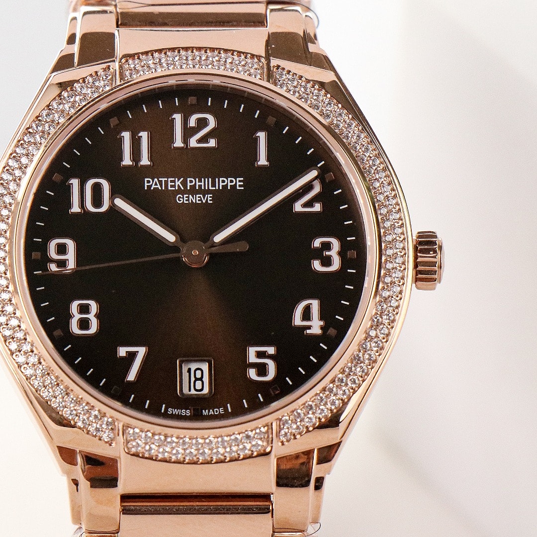 Fake Diamond Watch Replica Patek Philippe Twenty~4 Ladies Rose Gold Brown Sunburst 7300/1200R-001(1:1 replica) - Top club