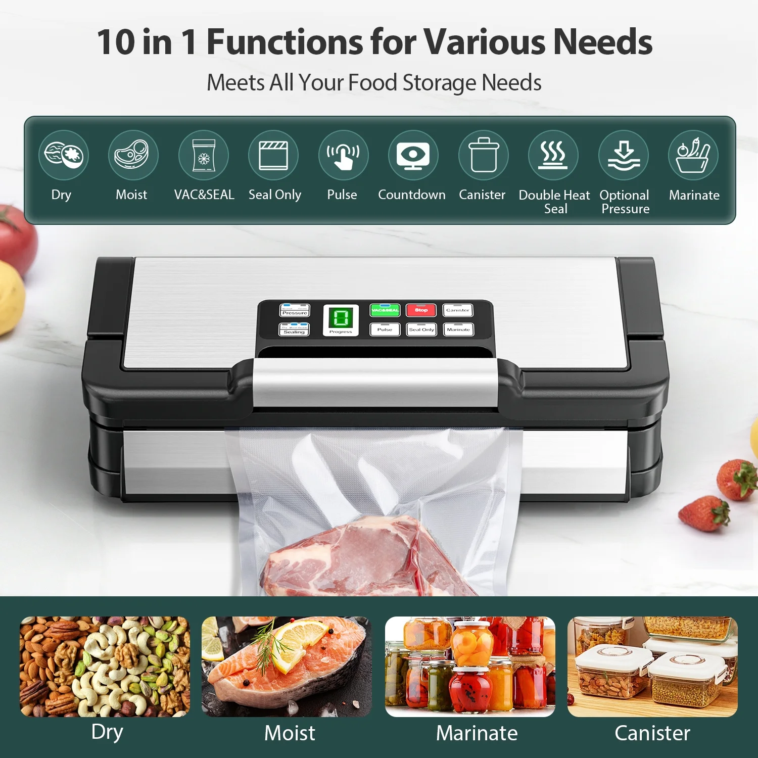 Aeitto Precision 130W Vacuum Sealer,with 10-In-1 Functions,Double Seal&Pump,Vacuum Sealer Machine for Food with Bags Storage,Built-in Cutter&Hose,Powerful Food Vacuum Sealer,Stainless Steel