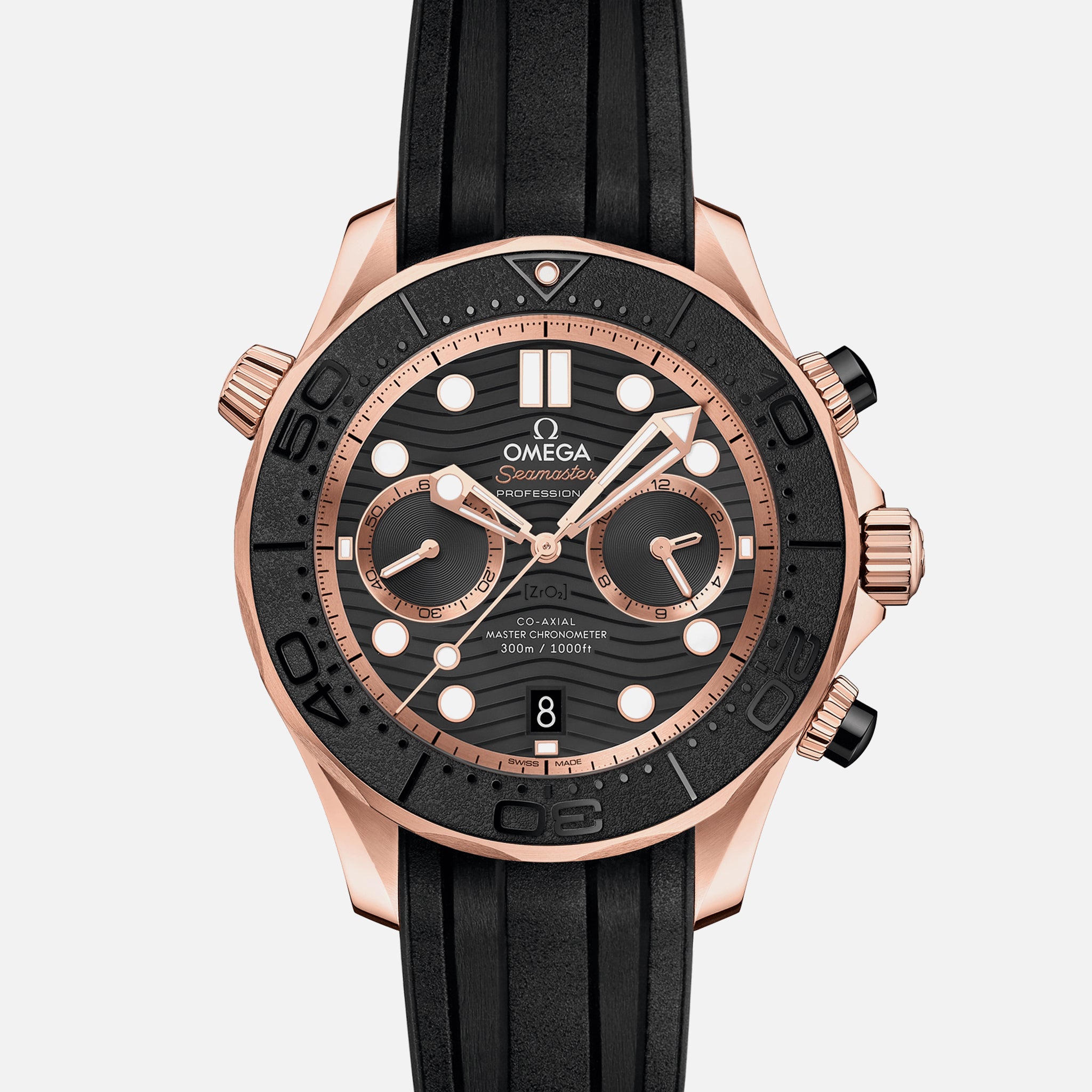 Seamaster Diver 300M Co-Axial Master Chronometer Chronograph 44mm Sedna Gold Black Dial On Rubber Strap(1:1 replica) - Elite Watch Atelier