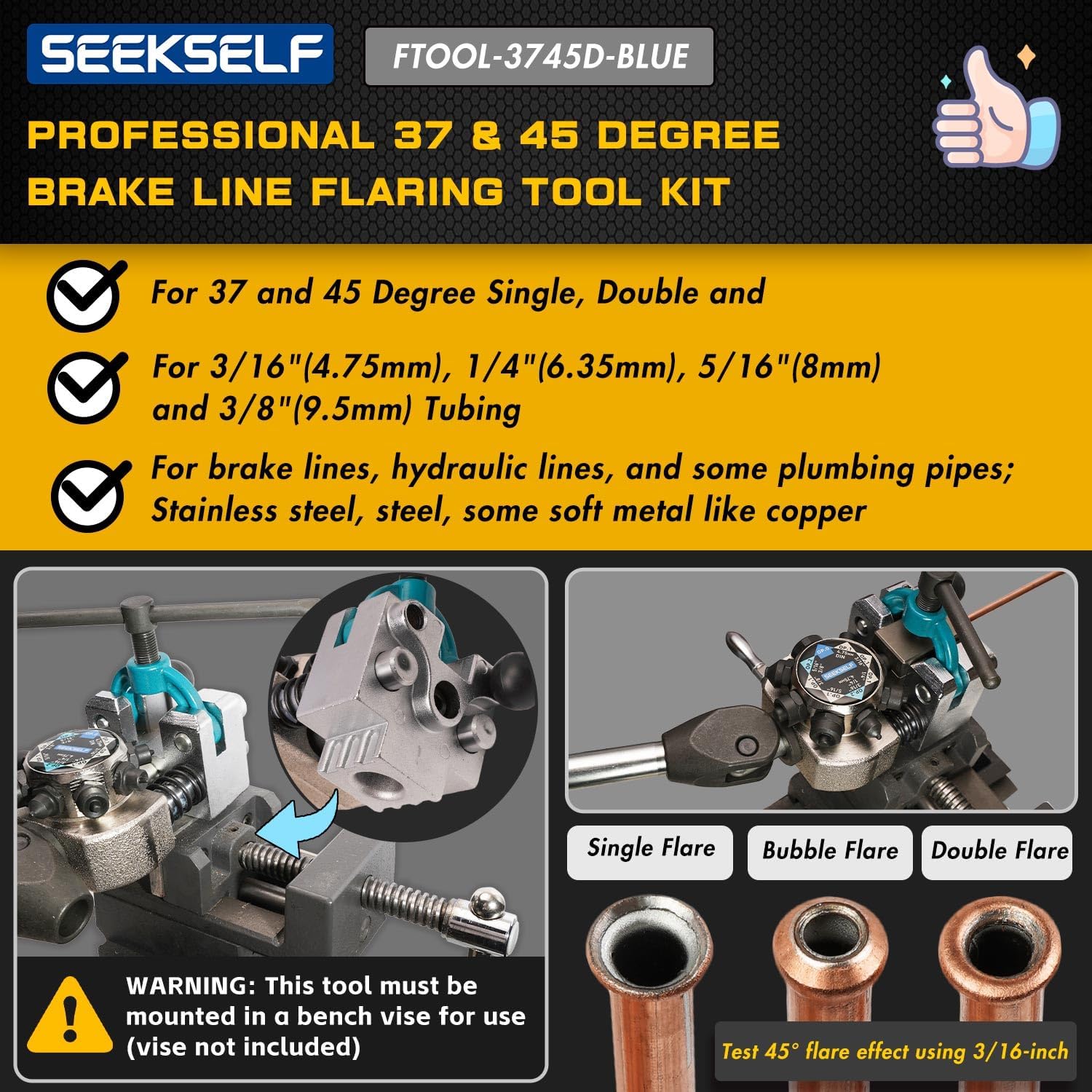 Professional Brake Line Flaring Tool Kit for 45 & 37 Degree Single, Double and Bubble Flares, 3/16