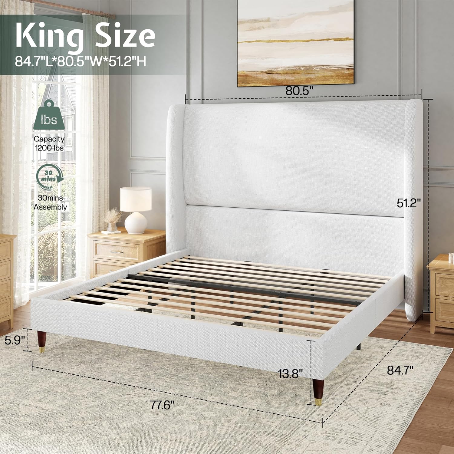 Jocisland King Upholstered Platform Bed Frame with 51.2