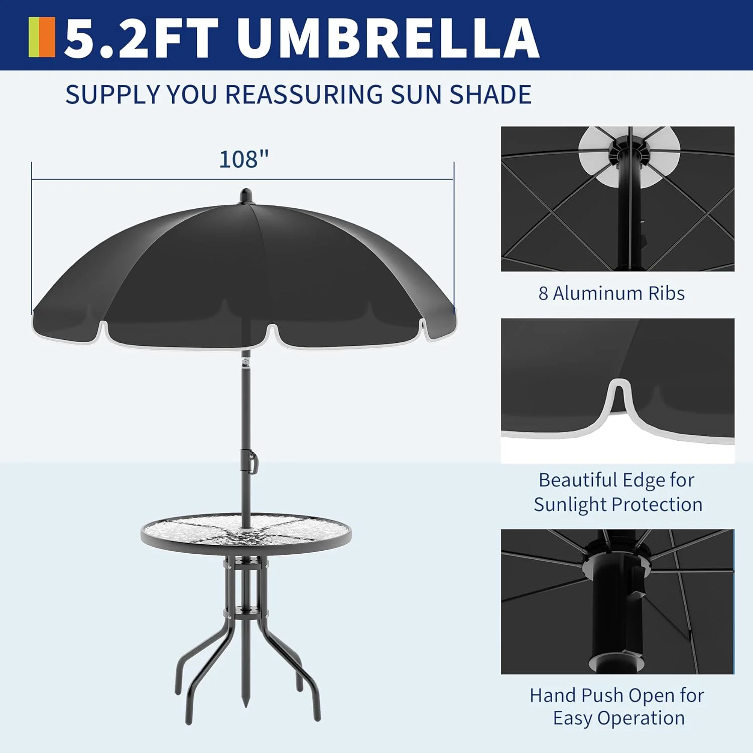 6 Pieces Outdoor Dining Set With Umbrella, Patio Table and 4 Folding Chairs With Umbrella, Garden Patio Furniture Set With Umbrellas, Tempered Glass Top Dining Table - Image 8