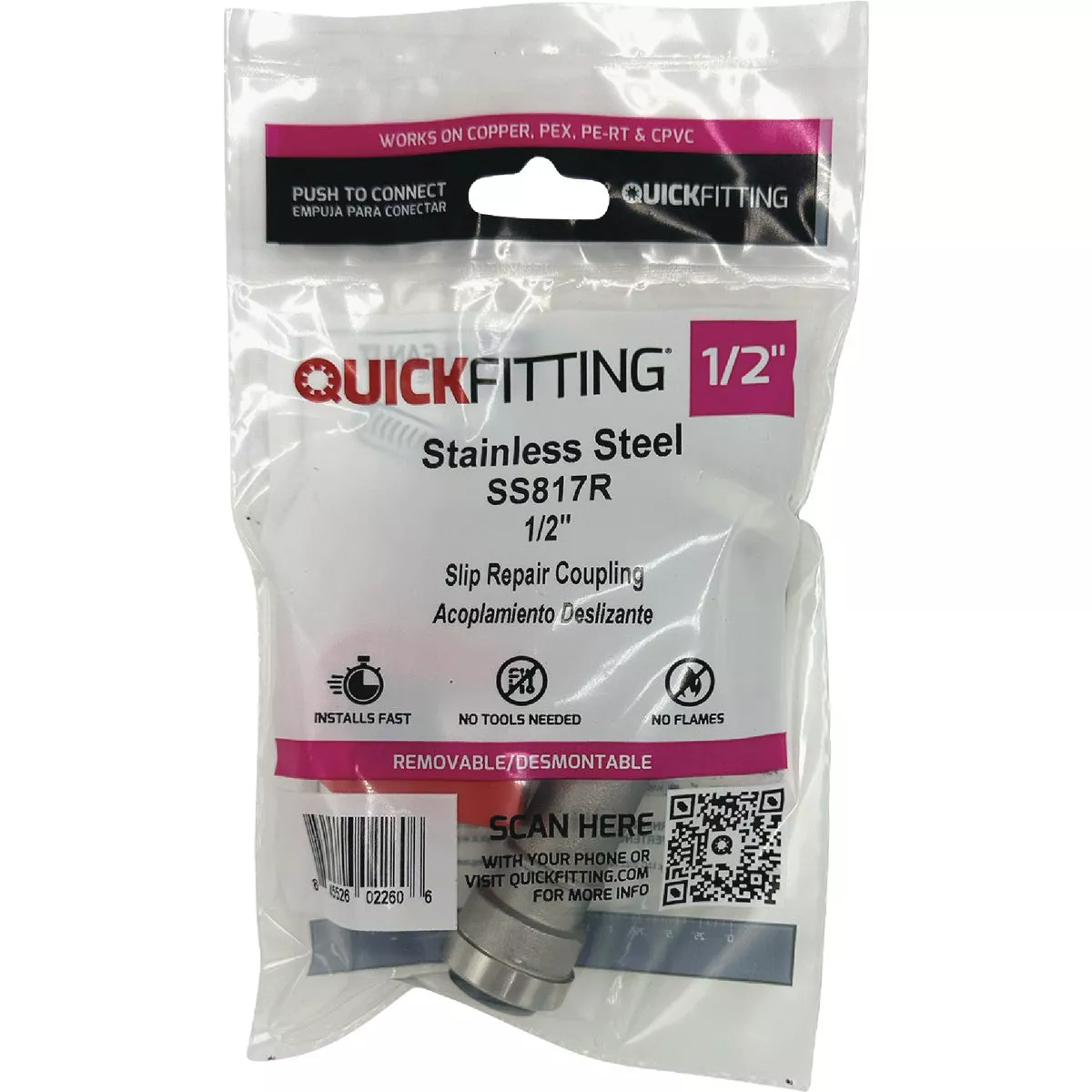 QuickFitting 1/2 In. Push-to-Connect Stainless Steel Slip Repair Coupling