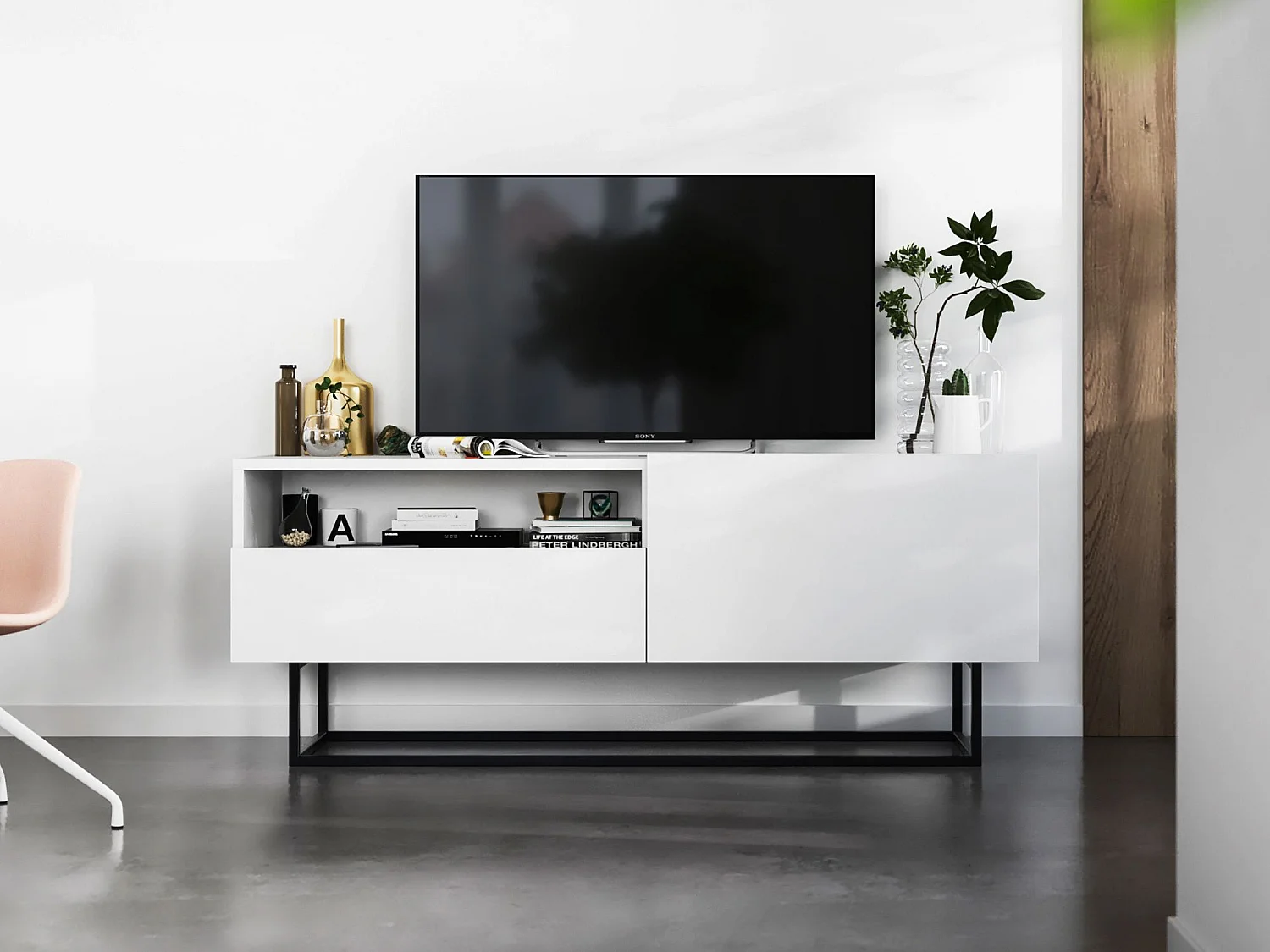 Meuble TV avec 1 portes et niche, tiroir - corps Blanc mat, façades Blanc mat - 120 cm, Cadre en métal noir
