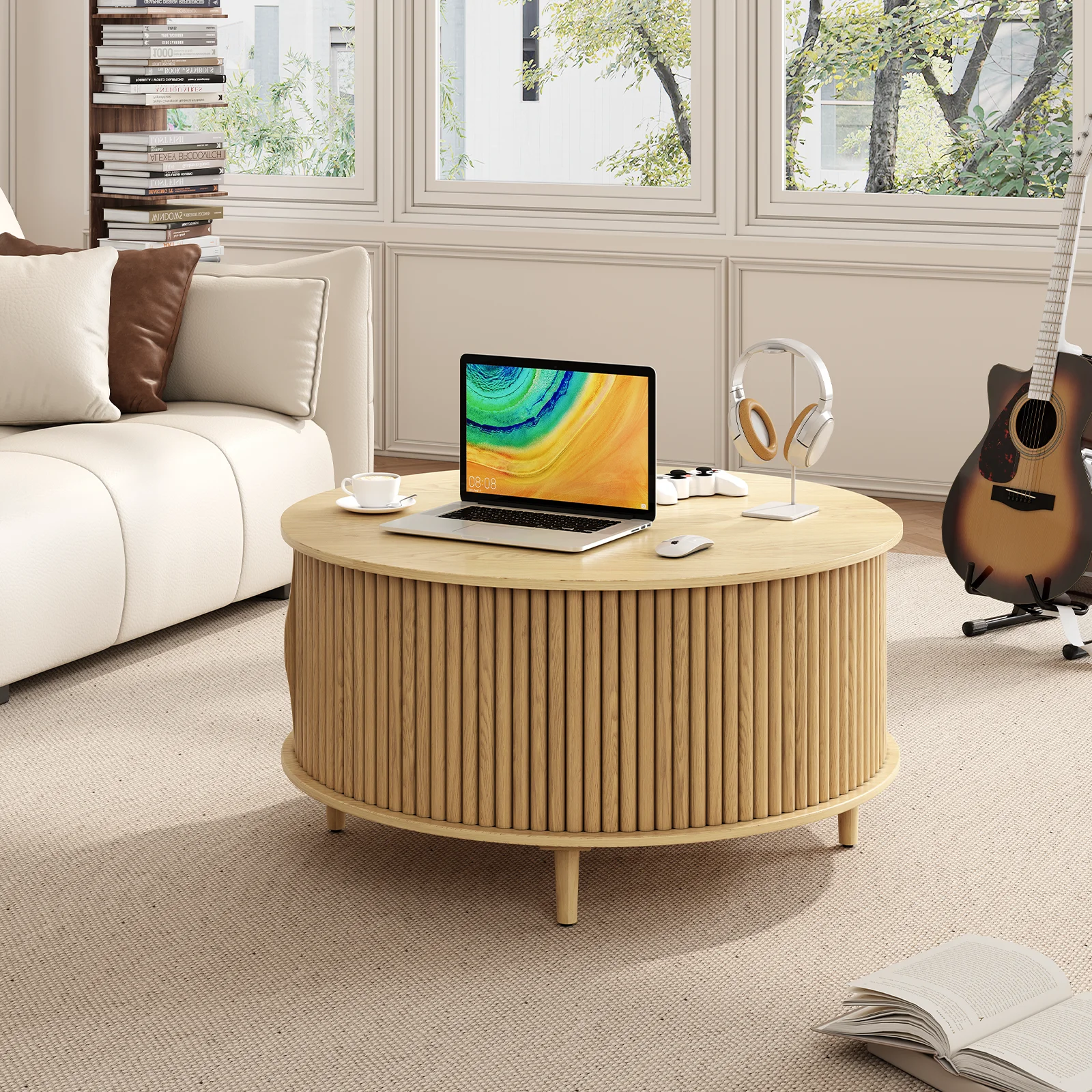 JOINICE Round Coffee Table with Storage and Sliding Door,Mid Century Modern Wooden Center Table,for Living Room,Walnut - Image 14