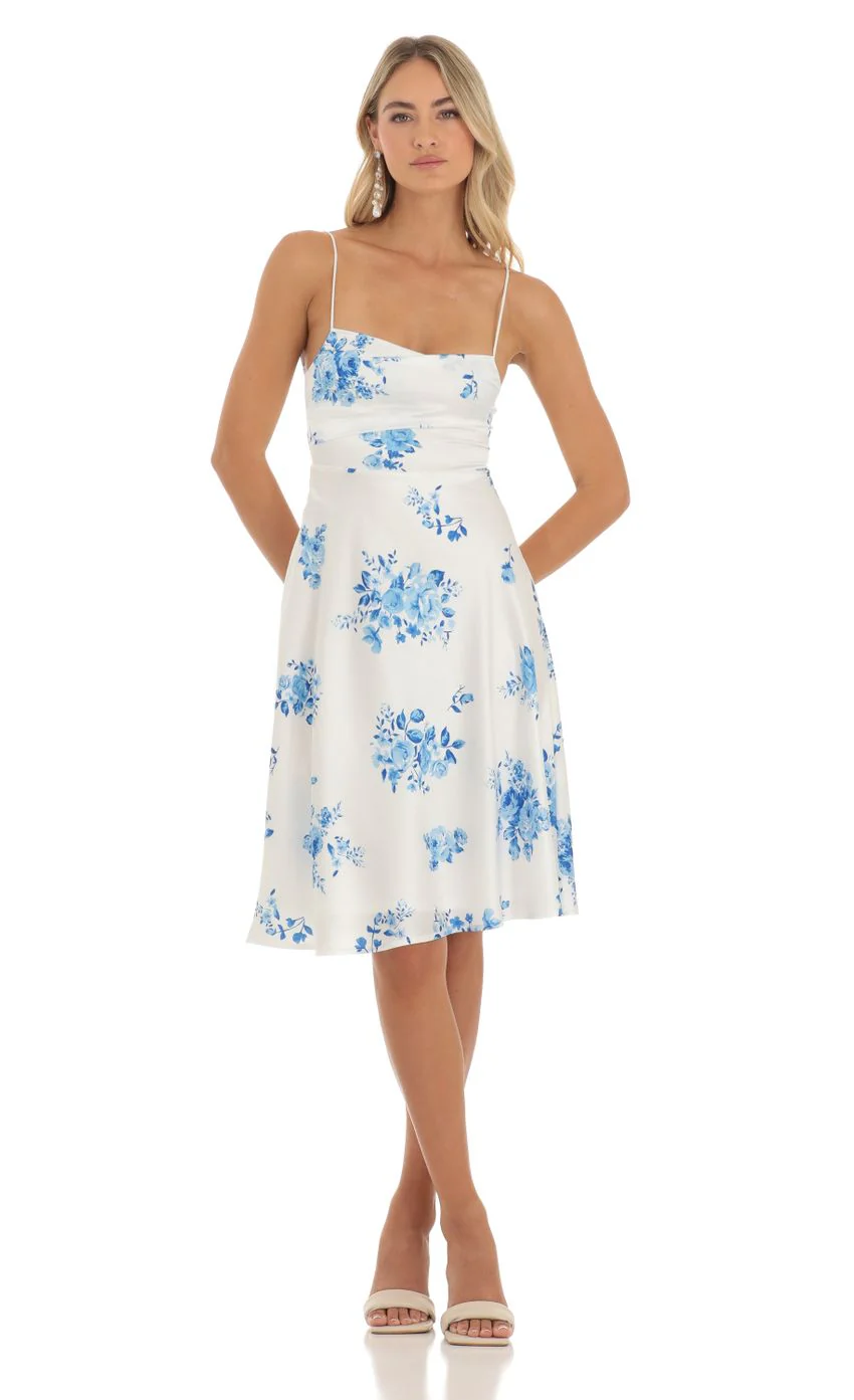 Satin Floral Midi Dress in White