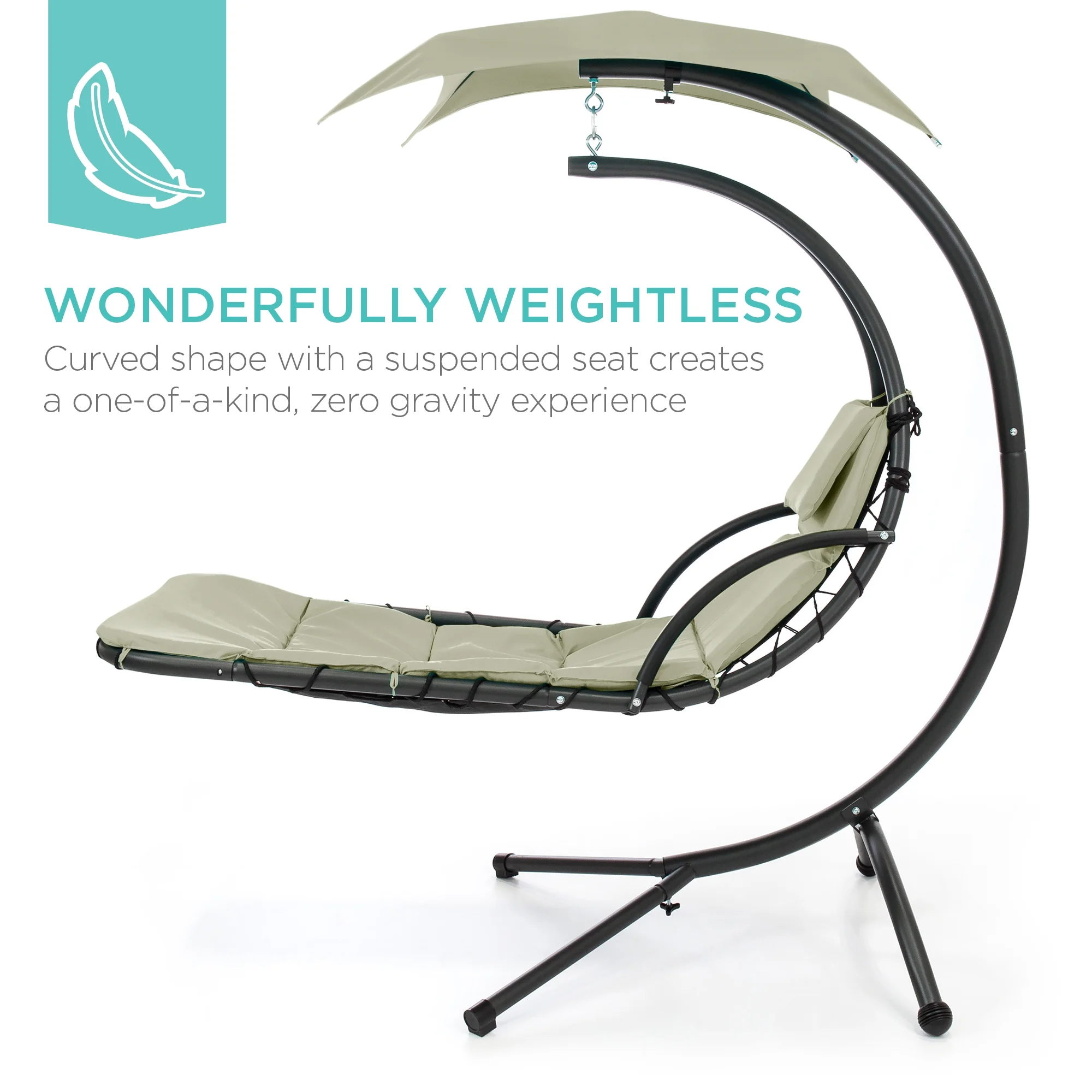 Best Choice Products Hanging Curved Chaise Lounge Chair Swing for Backyard, Patio w/ Pillow, Shade, Stand - Teal - Image 77