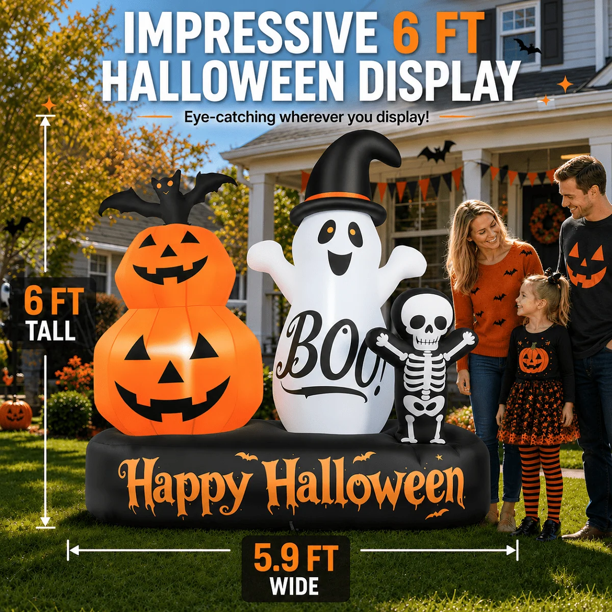 6ft Halloween Inflatable Outdoor Decorations, Lighted Pumpkin Ghost Skeleton with Bat, Built-in LED Lights, Blow Up Halloween Yard Decoration for Lawn, Porch & Party - Image 4 6ft Halloween Inflatable Outdoor Decorations, Lighted Pumpkin Ghost Skeleton with Bat, Built-in LED Lights, Blow Up Halloween Yard Decoration for Lawn, Porch & Party - Image 4