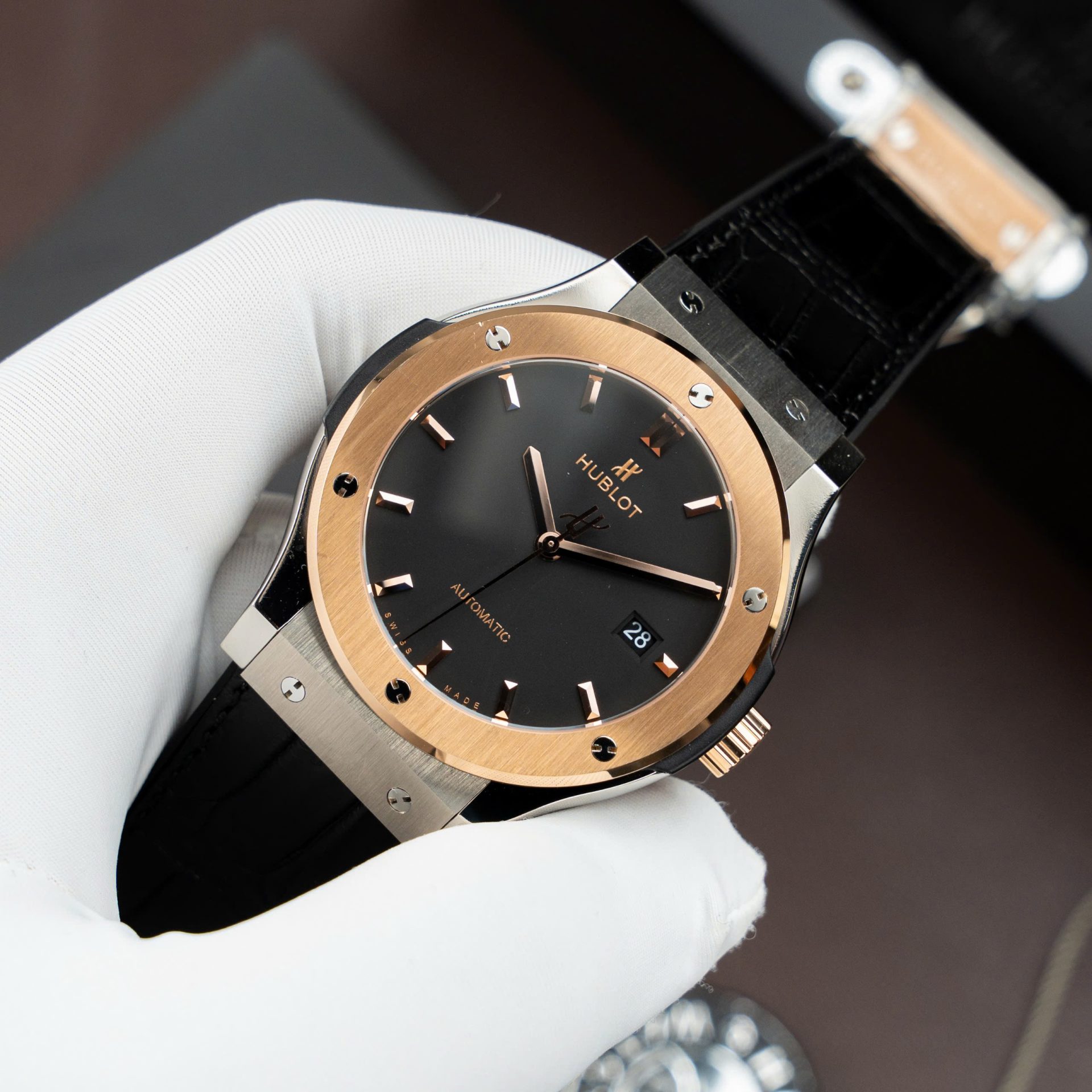 Hublot Classic Fusion Titanium King Gold Copies Watches Movement SW300 Crocodile Leather Strap 42mm - Top club