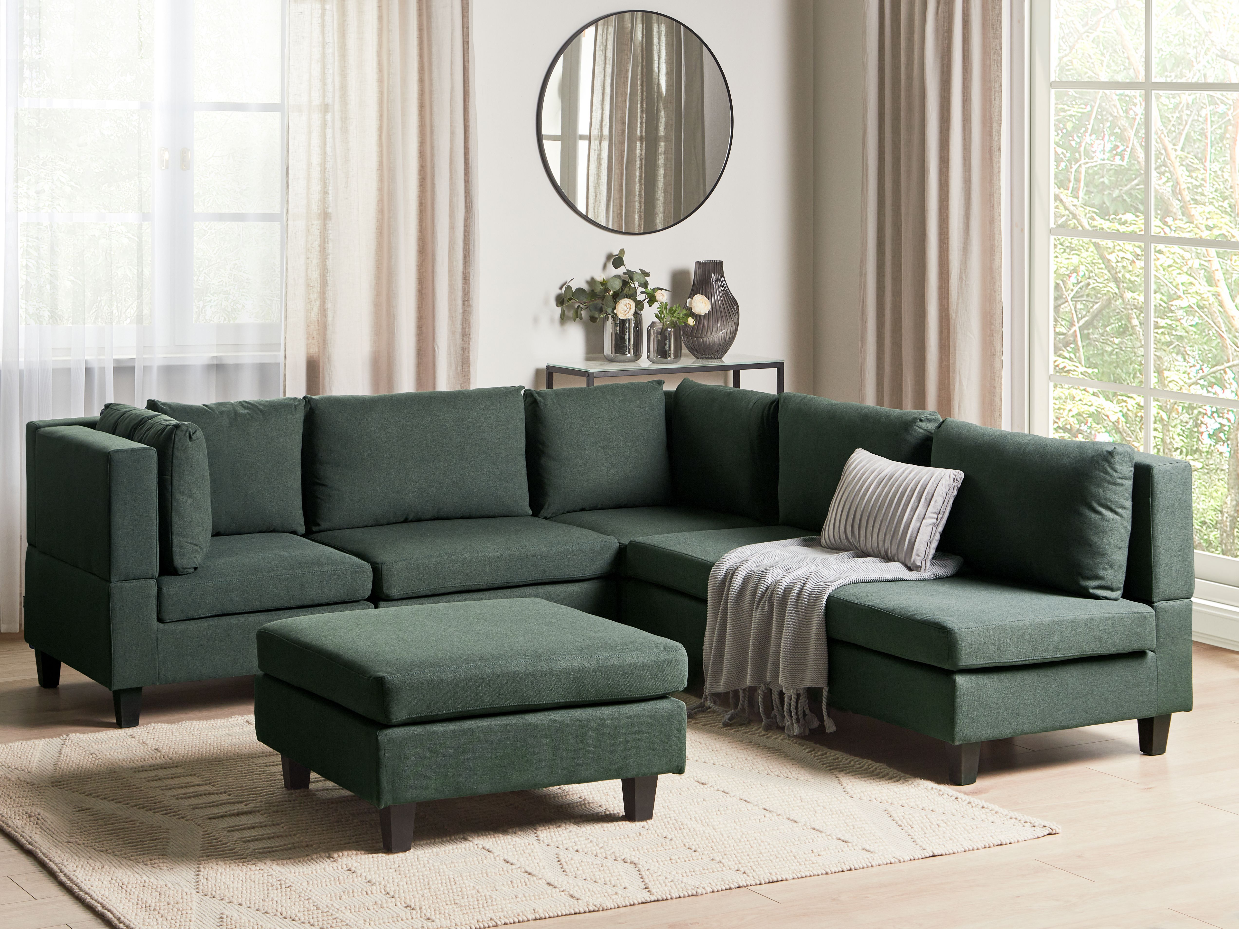 Modular Corner Sofa 5 Seater UNSTAD Fabric Dark Green with Ottoman Right Hand