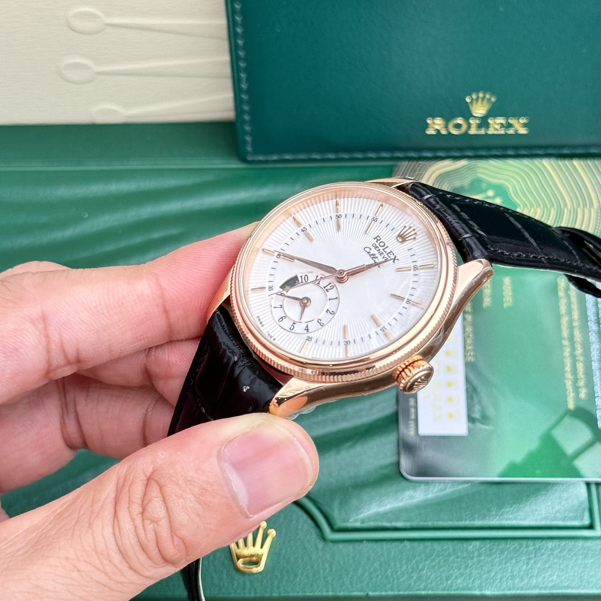 Rolex Replica 1:1 Watch Cellini 50525 White Face Black Leather Strap 39mm - Top club