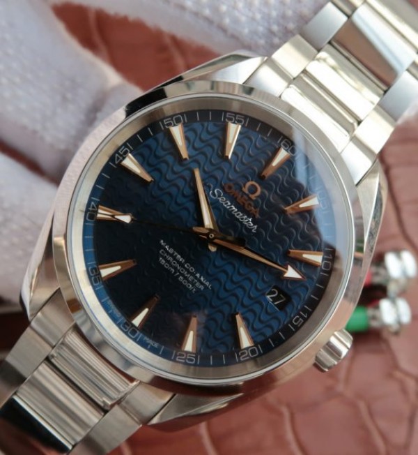 Replica Omega Aqua Terra 150M Blue Wave Textured Dial SS Bracelet A8500 - Elite Watch Atelier