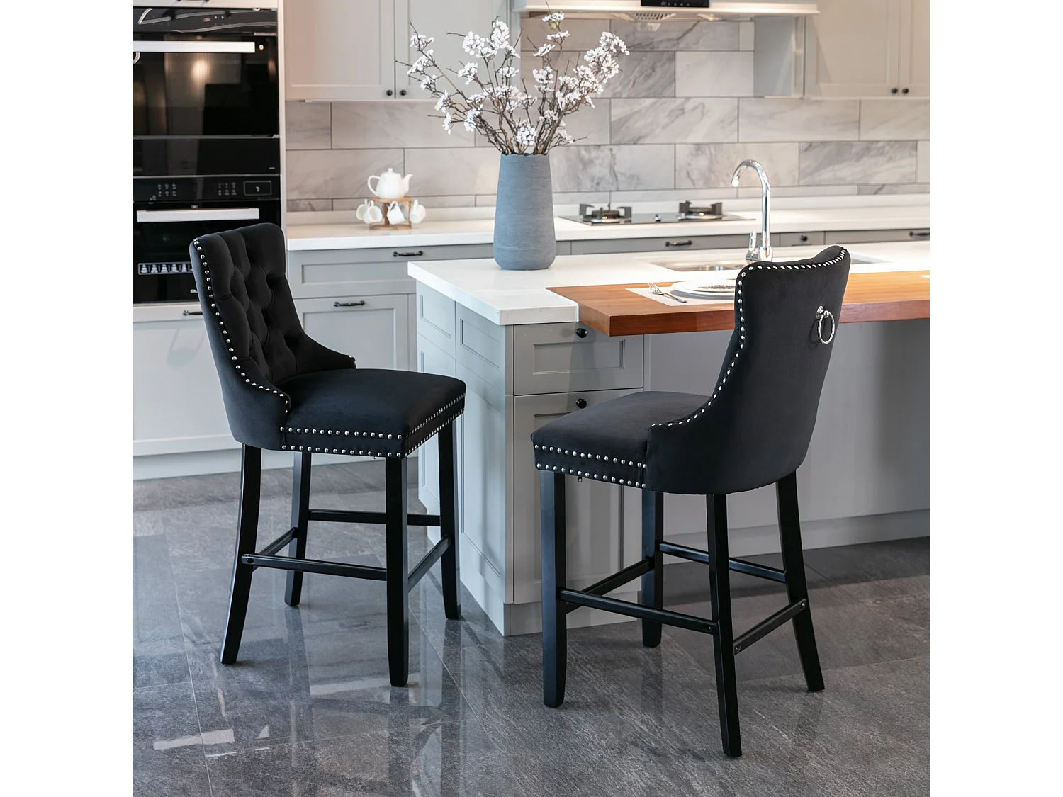 Lot de 2 tabourets de bar avec pieds en bois - Velours noir