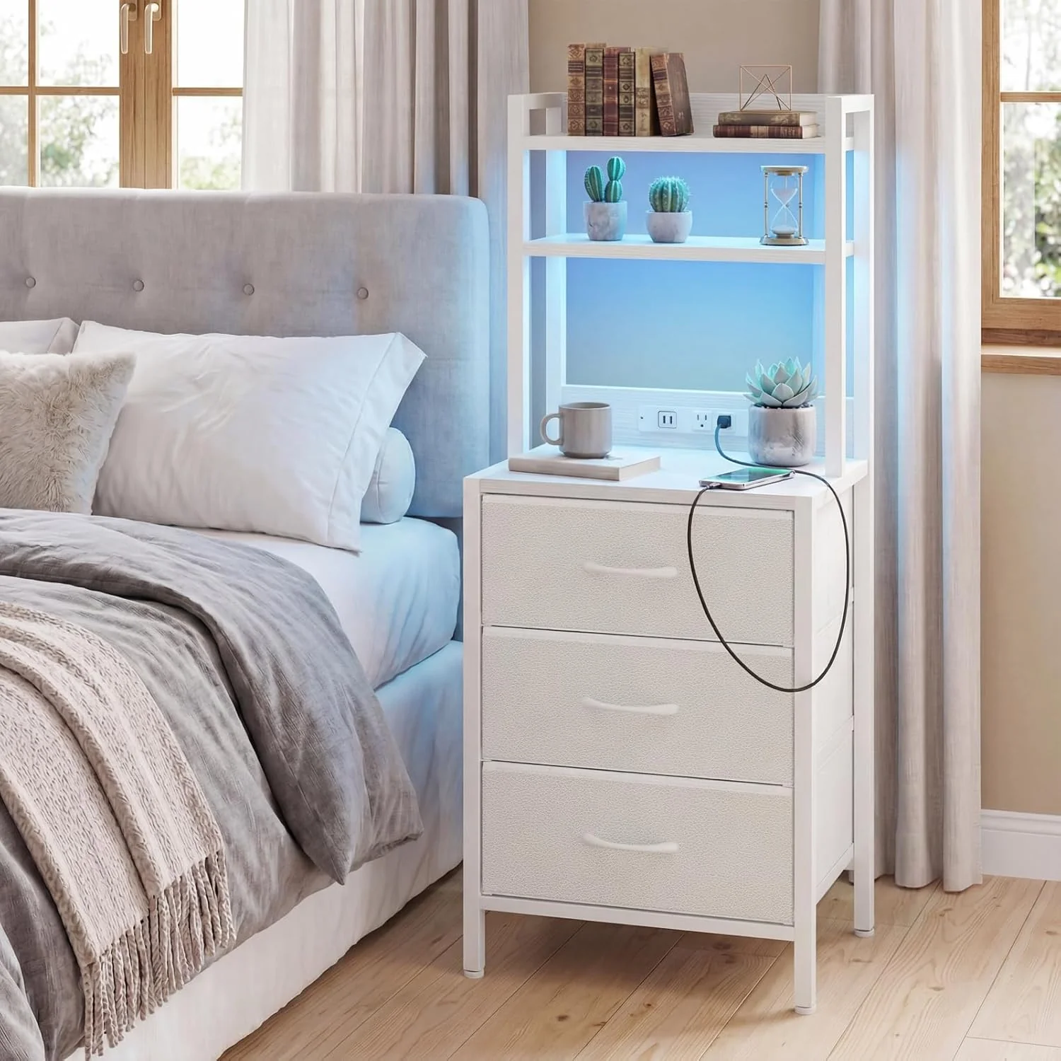 Tall White Nightstand with Charging Station, 3 Fabric Drawers, RGB LED & Bookshelf,White - Image 2 Tall White Nightstand with Charging Station, 3 Fabric Drawers, RGB LED & Bookshelf,White - Image 2