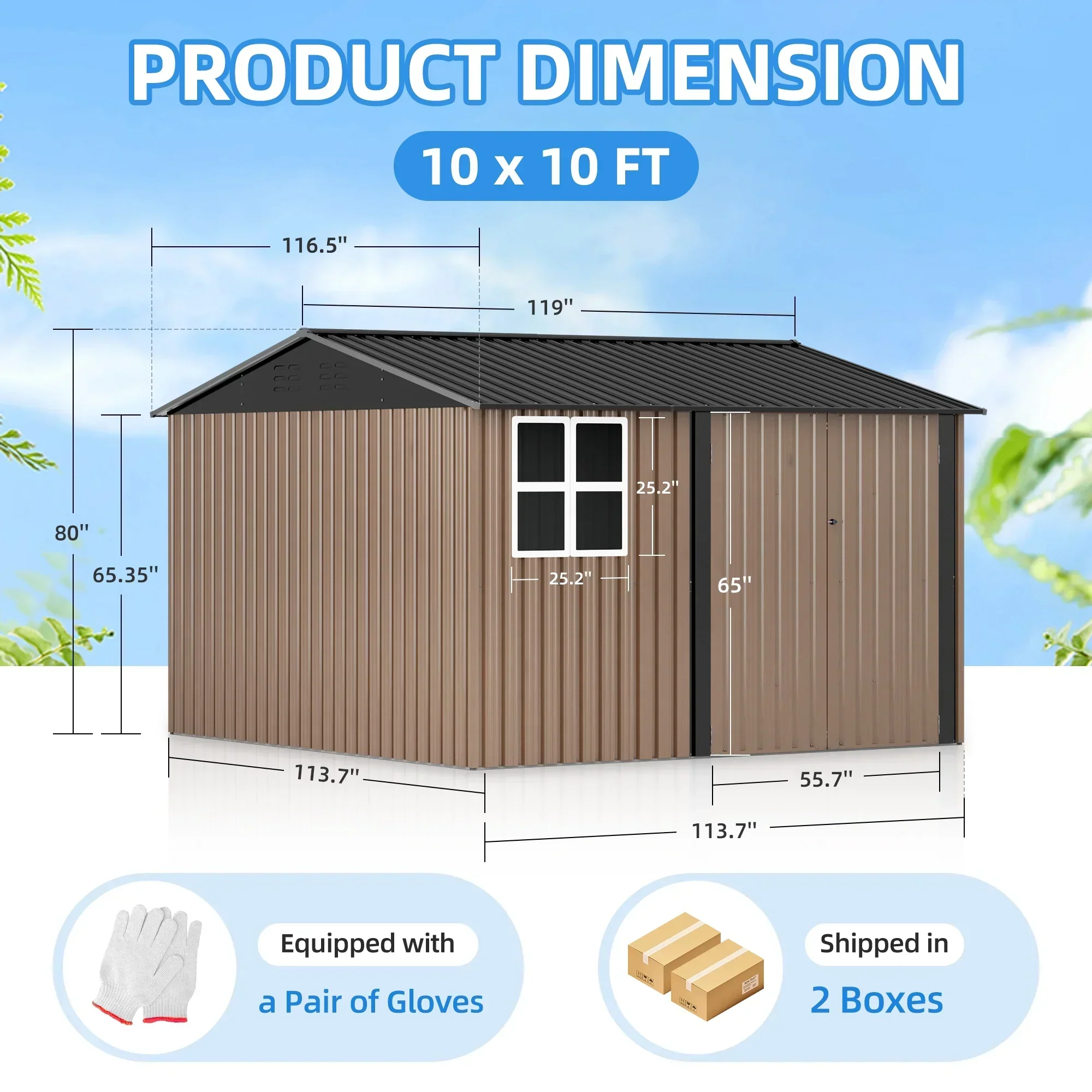 JAXPETY 10 x 10 ft Outdoor Metal Storage Shed With Window And Lockable Door - Brown - Image 3 JAXPETY 10 x 10 ft Outdoor Metal Storage Shed With Window And Lockable Door - Brown - Image 3