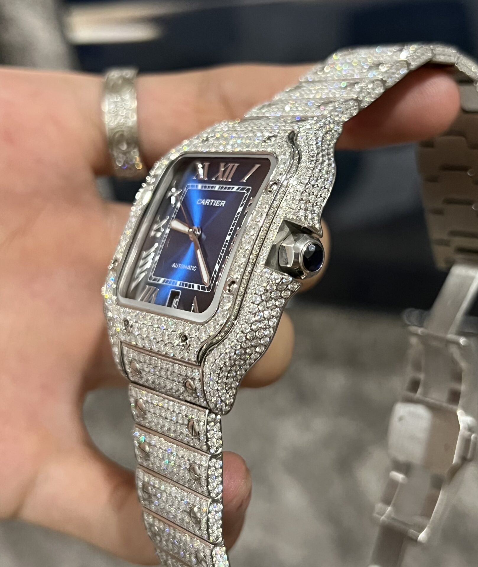 Cartier Santos Best Replica Watch Custom Moissanite Diamonds Blue Dial 39.8mm - Top club