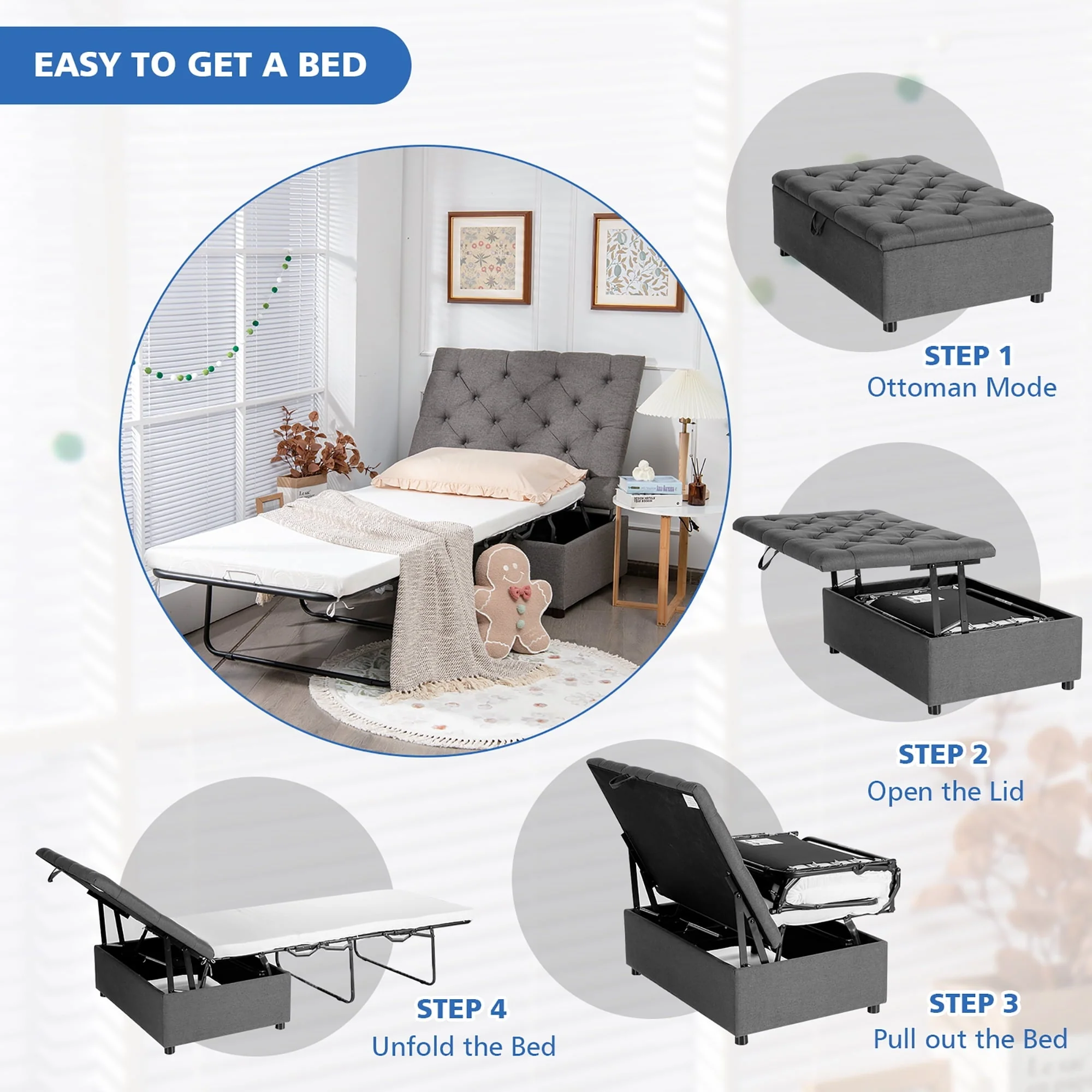 Costway Folding Ottoman Sleeper Bed with Mattress Convertible Guest Bed Grey - Image 12