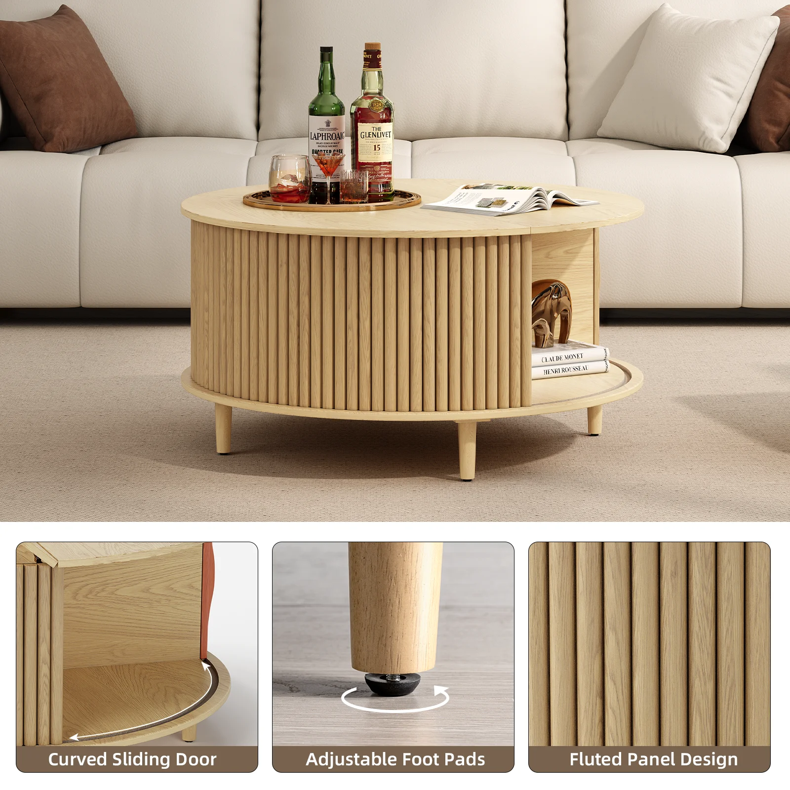 JOINICE Round Coffee Table with Storage and Sliding Door,Mid Century Modern Wooden Center Table,for Living Room,Walnut - Image 11