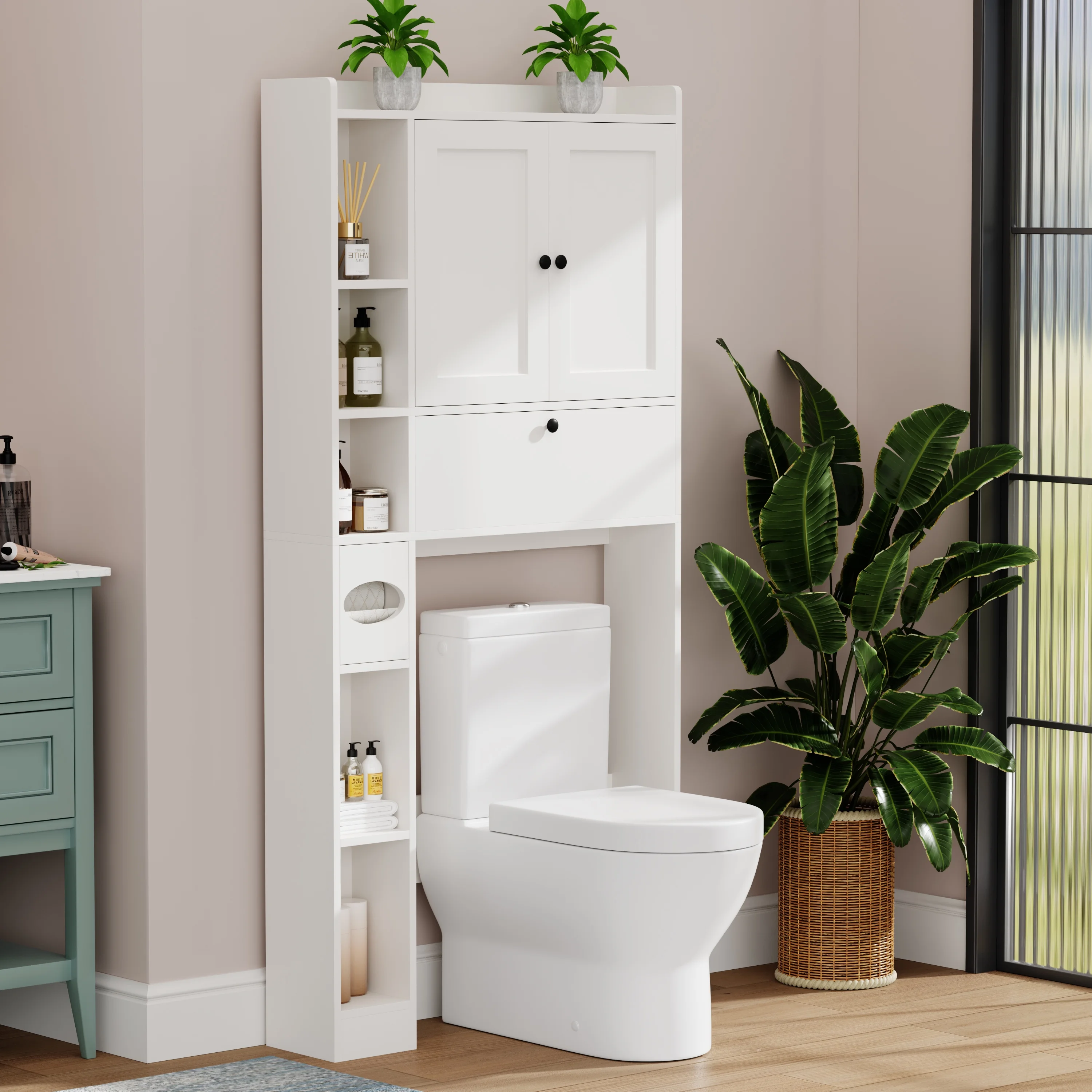 Apeaka Over The Toilet Storage Cabinet,Bathroom Storage Cabinet with Wooden Doors,Bathroom Organizer Over-The-Toilet Cabinet(White)