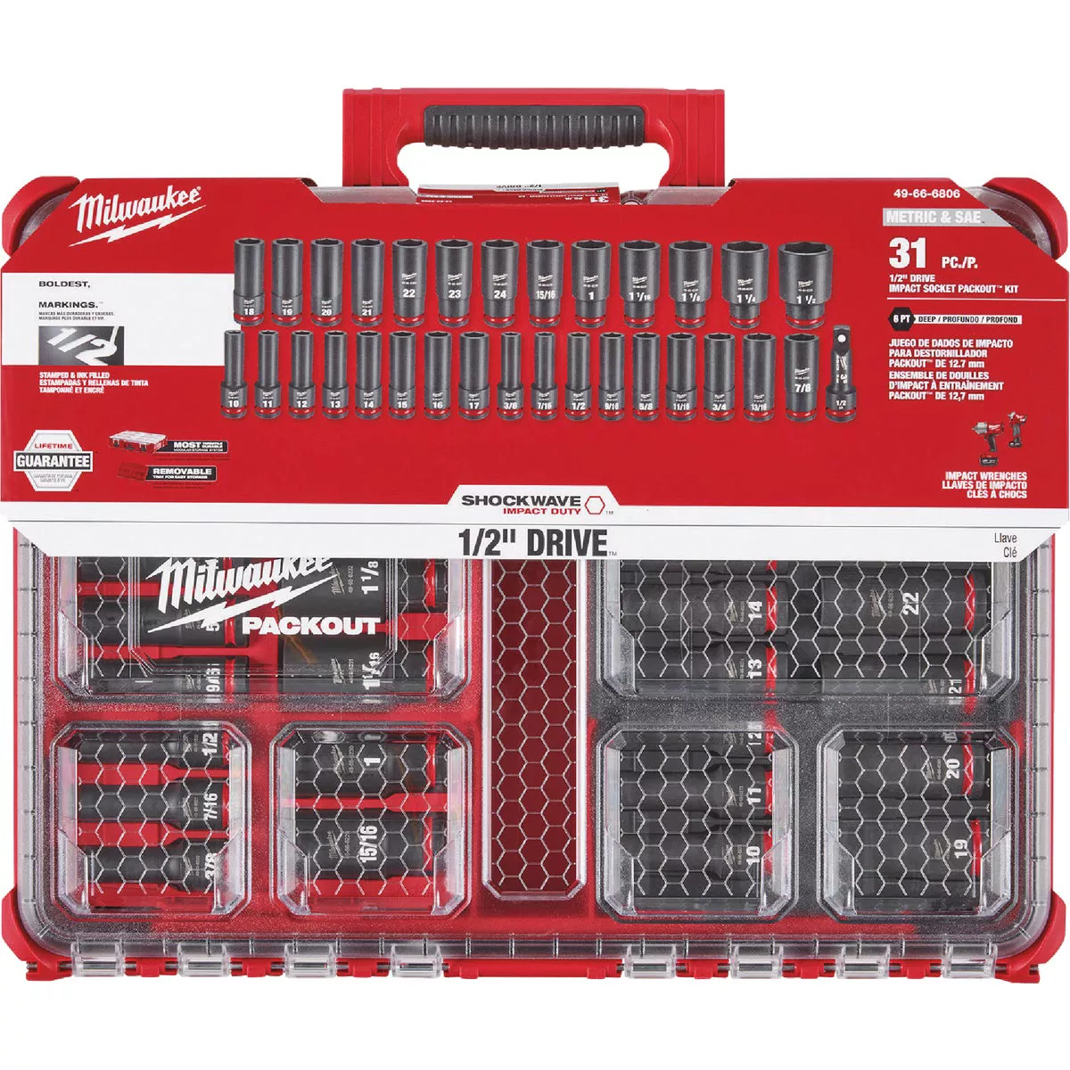 Milwaukee SHOCKWAVE Standard/Metric 1/2 In. Drive 6-Point Deep Impact Driver Set with PACKOUT Organizer (31-Piece)